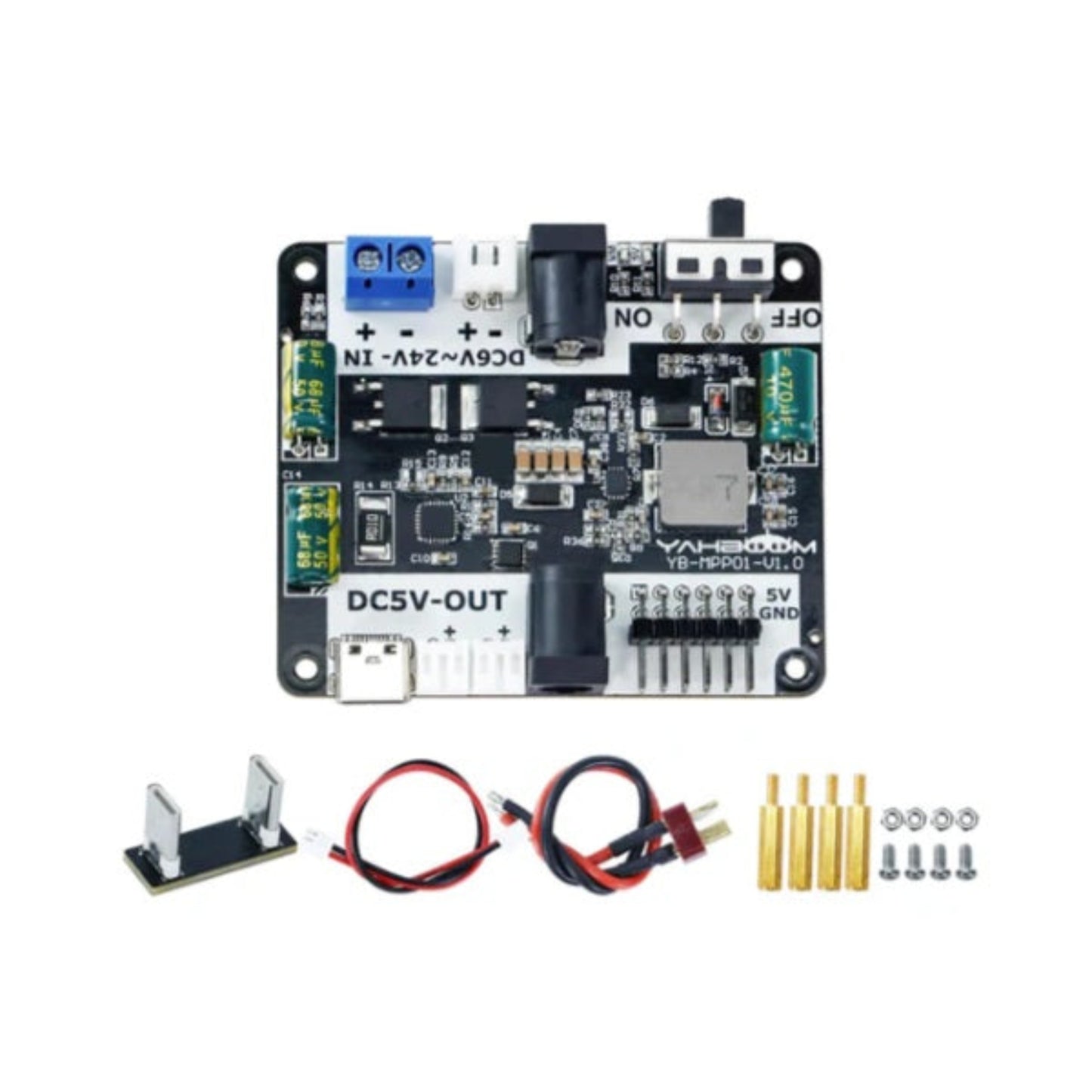 Yahboom Raspberry Pi 5 專用 PD 電源擴充板全套配件，包含連接線、銅柱及轉接板。