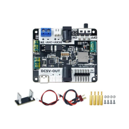 Yahboom Raspberry Pi 5 專用 PD 電源擴充板全套配件，包含連接線、銅柱及轉接板。