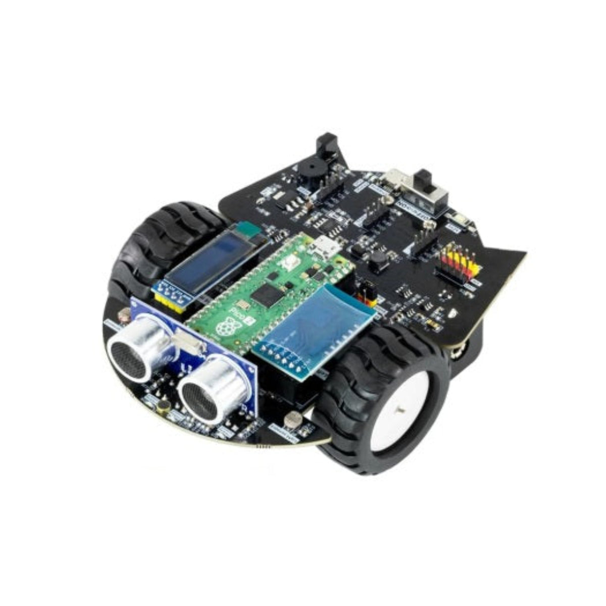 組裝完成的 Yahboom Raspberry Pi Pico 2 智能機械車，展示車頭的超聲波感測器及頂部的 OLED 顯示屏。
