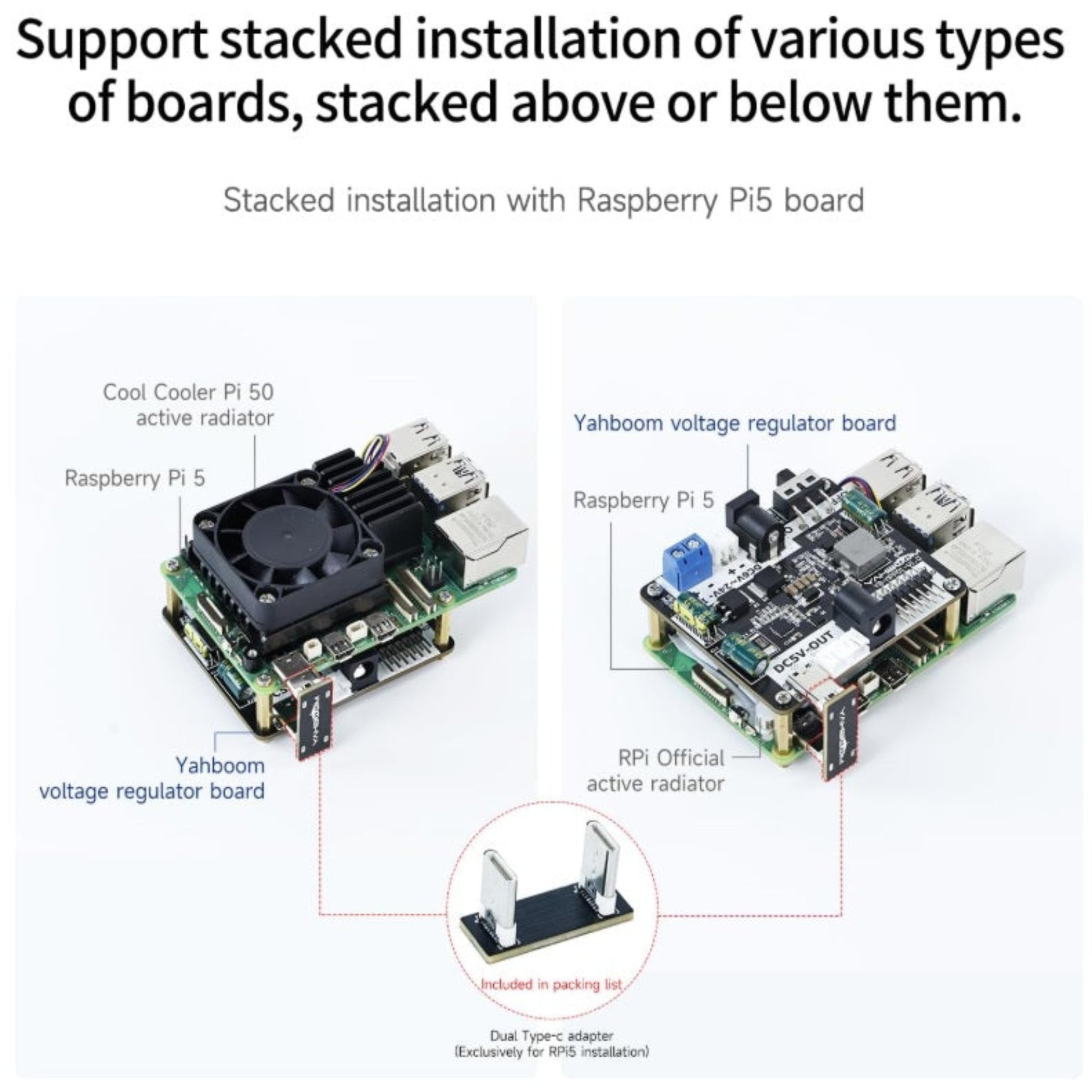 Raspberry Pi 5 疊加安裝示範，完美兼容官方散熱風扇 (Active Cooler) 及 U 型轉接器。
