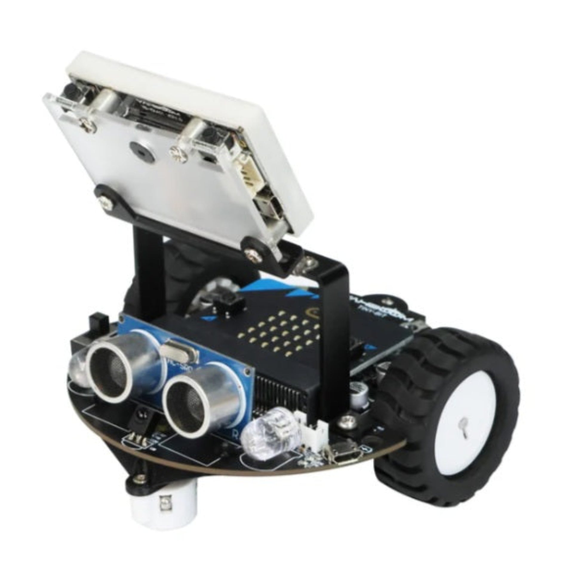 Yahboom Tiny:bit Pro AI robot car with K210 vision module and ultrasonic sensor.