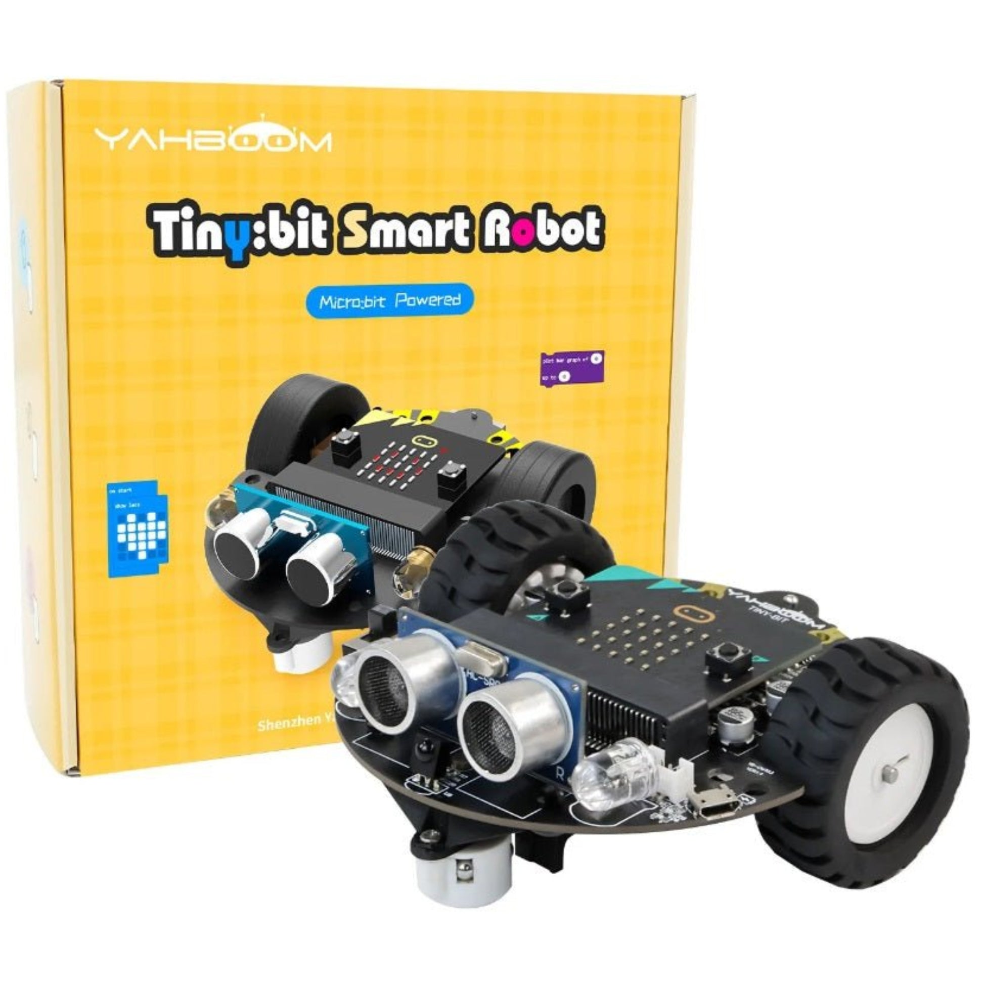 Tiny:bit Smart Robot Car Set by Yahboom for STEM education, featuring obstacle avoidance and compact design.
