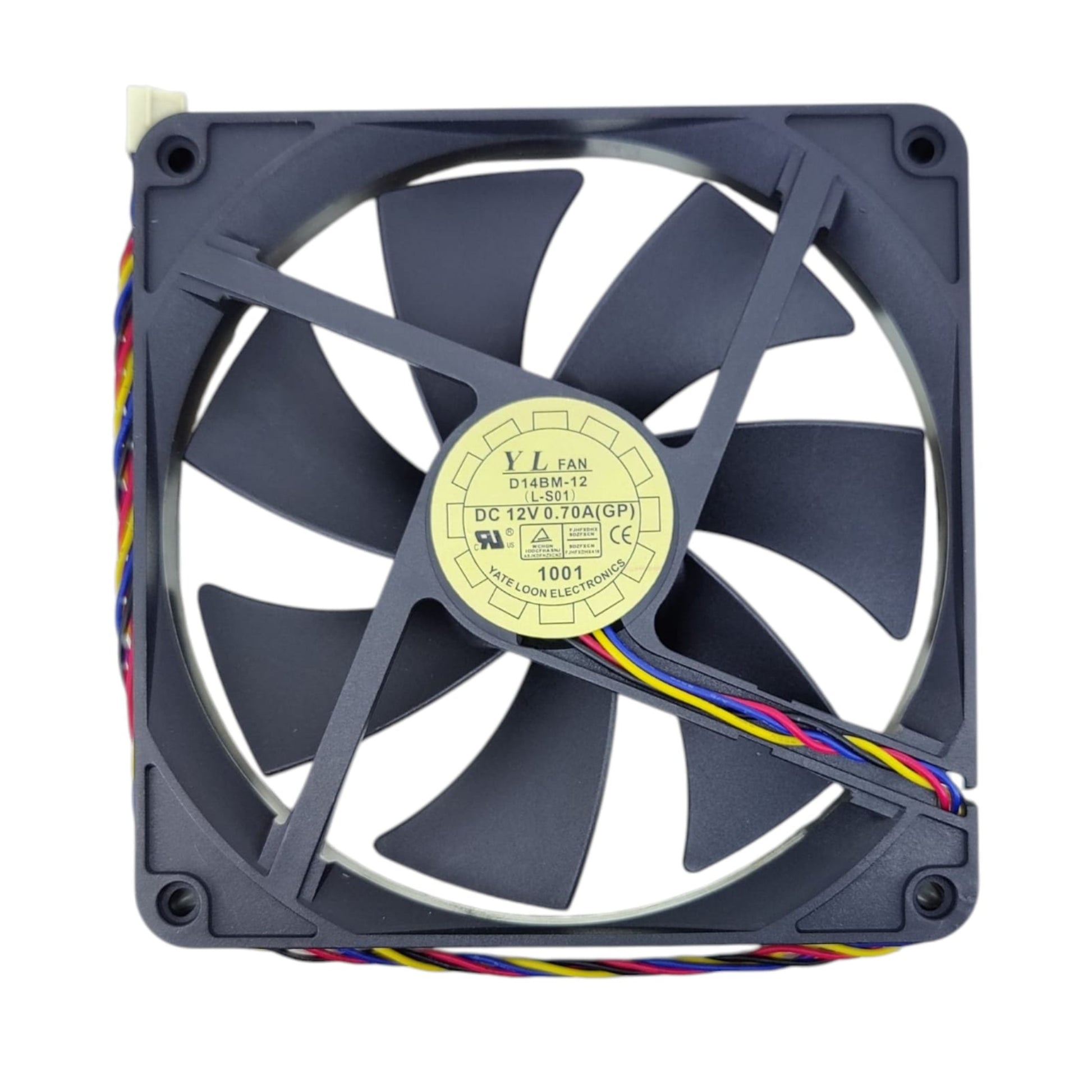 Back view of a Yate Loon D14BH-12 140mm fan, showing the specification sticker with DC 12V 0.70A rating.