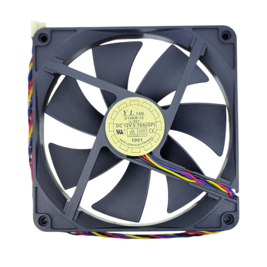 Back view of a Yate Loon D14BH-12 140mm fan, showing the specification sticker with DC 12V 0.70A rating.