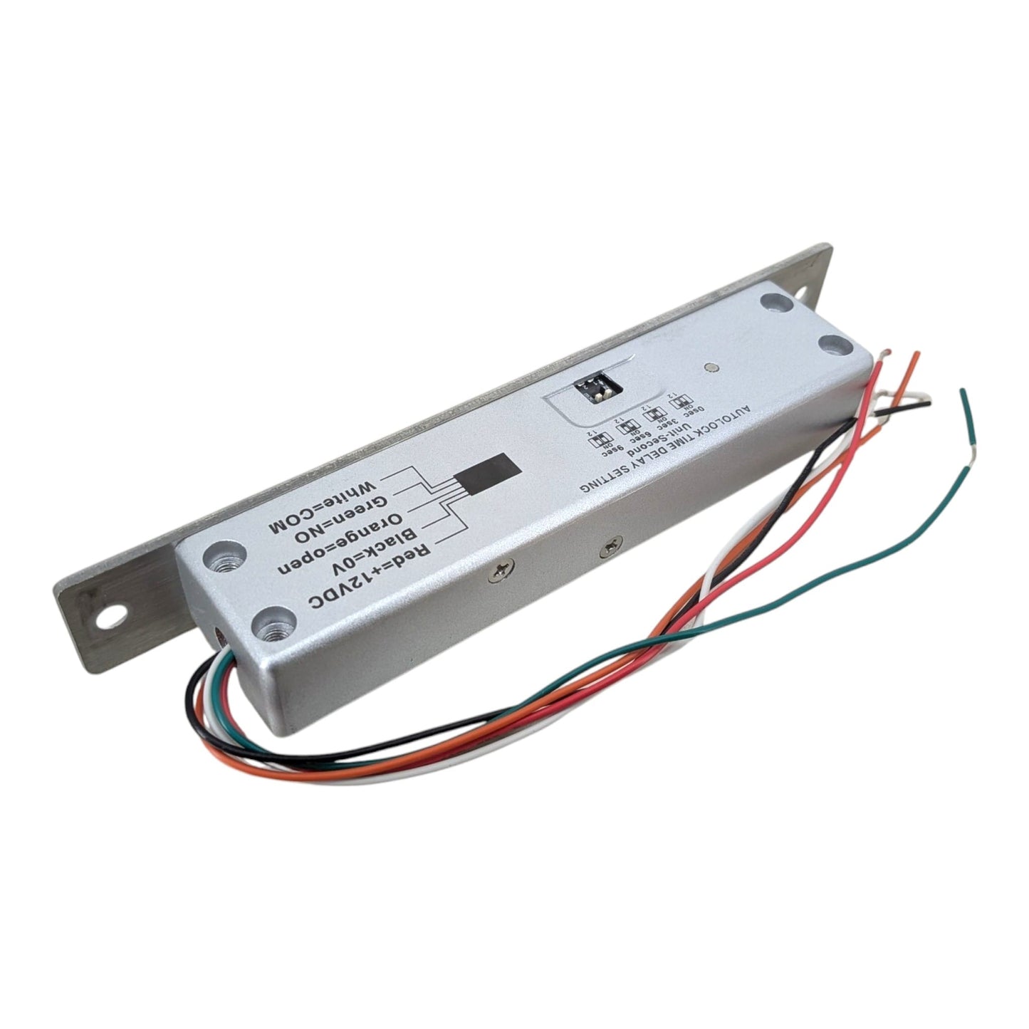 A silver metal electronic driver module with attached mounting brackets and several multicolored wires, photographed on a plain white background.