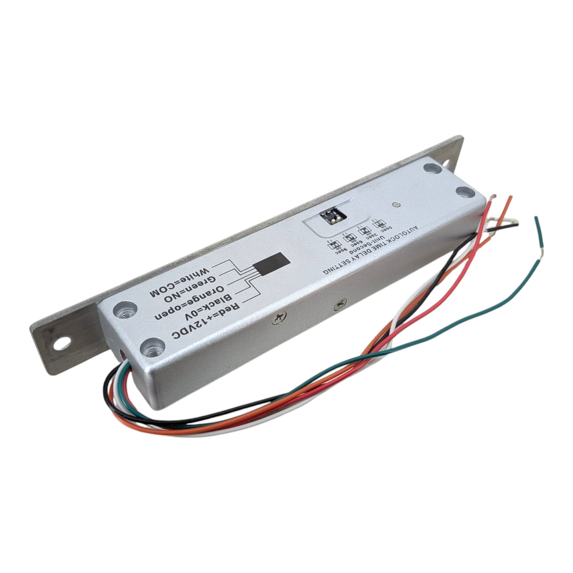 A silver metal electronic driver module with attached mounting brackets and several multicolored wires, photographed on a plain white background.