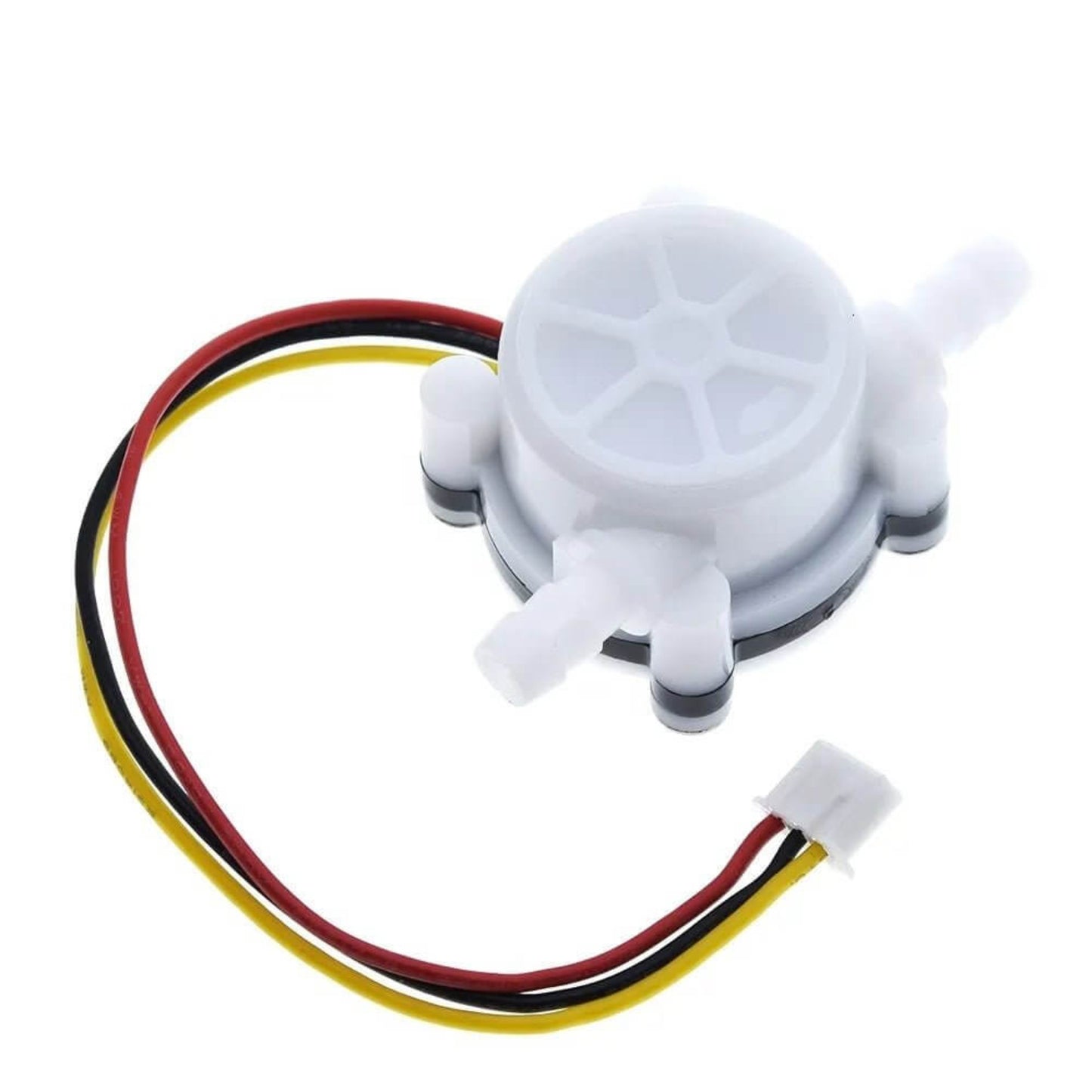 Angle view of YF-S401 flow sensor showing 1/4 inch external threads for water pipes.