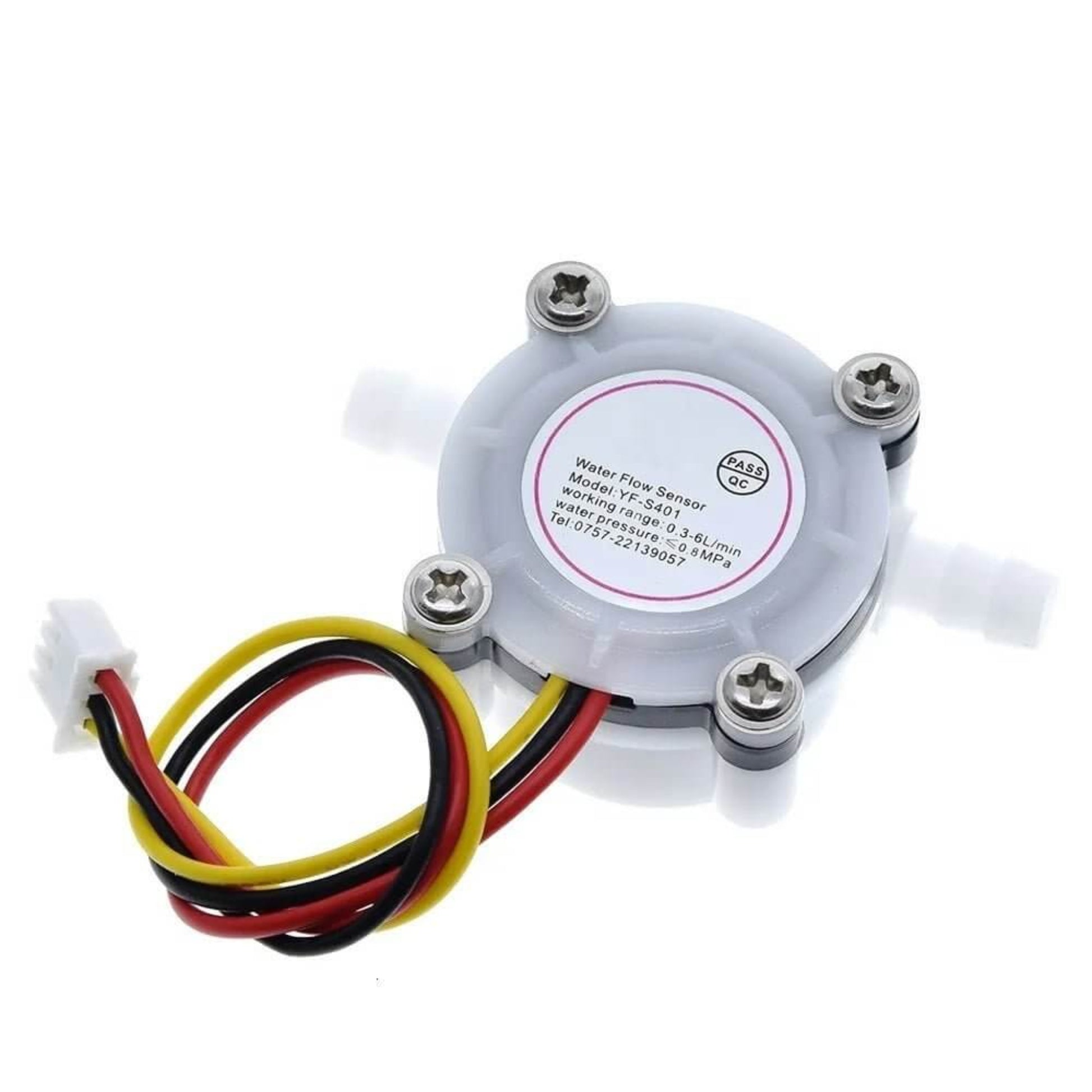 Top down view of the YF-S401 flowmeter with specifications label.