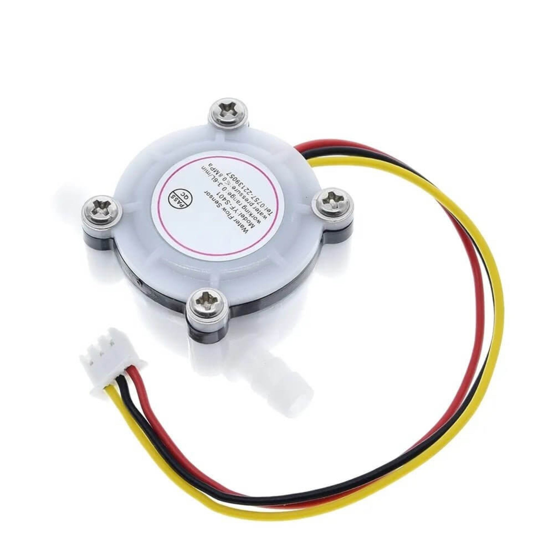 Bottom mounting view of the white YF-S401 water flow sensor.