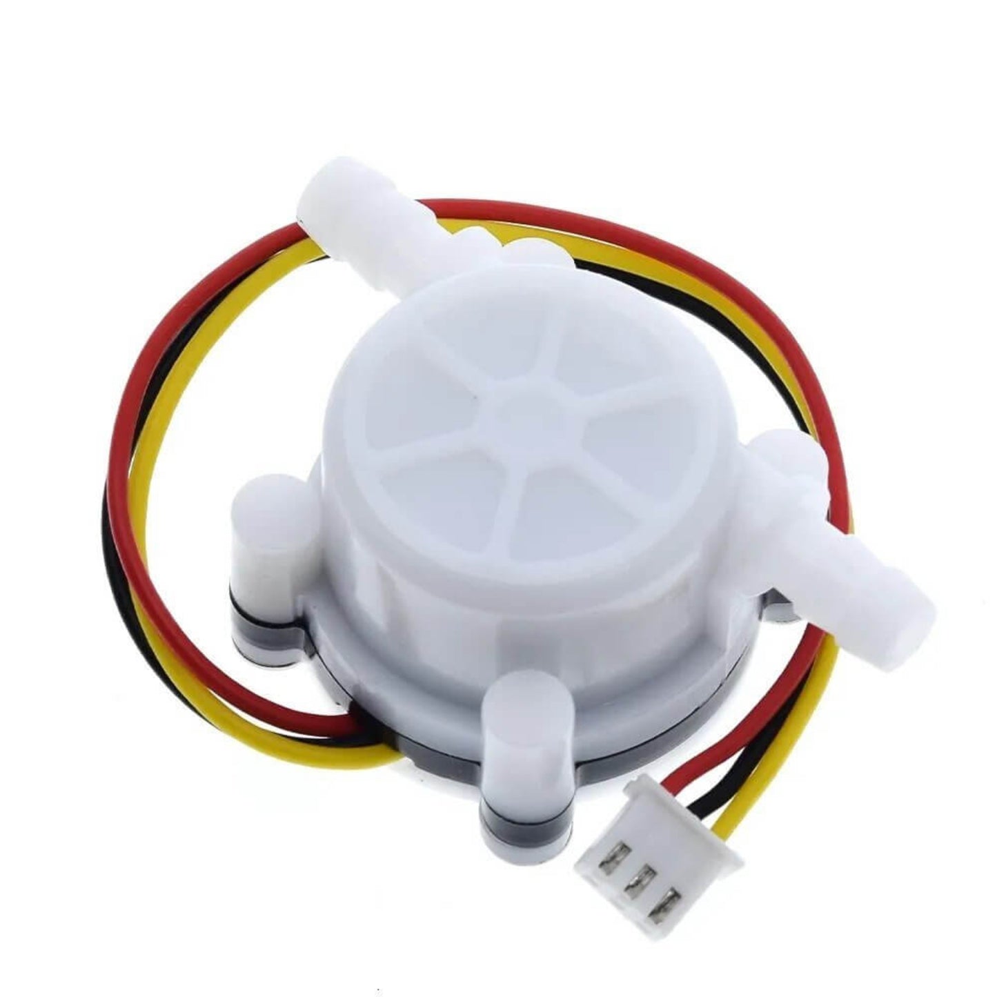 YF-S401 water flow sensor showcasing the Red, Yellow, and Black 3-pin connector.