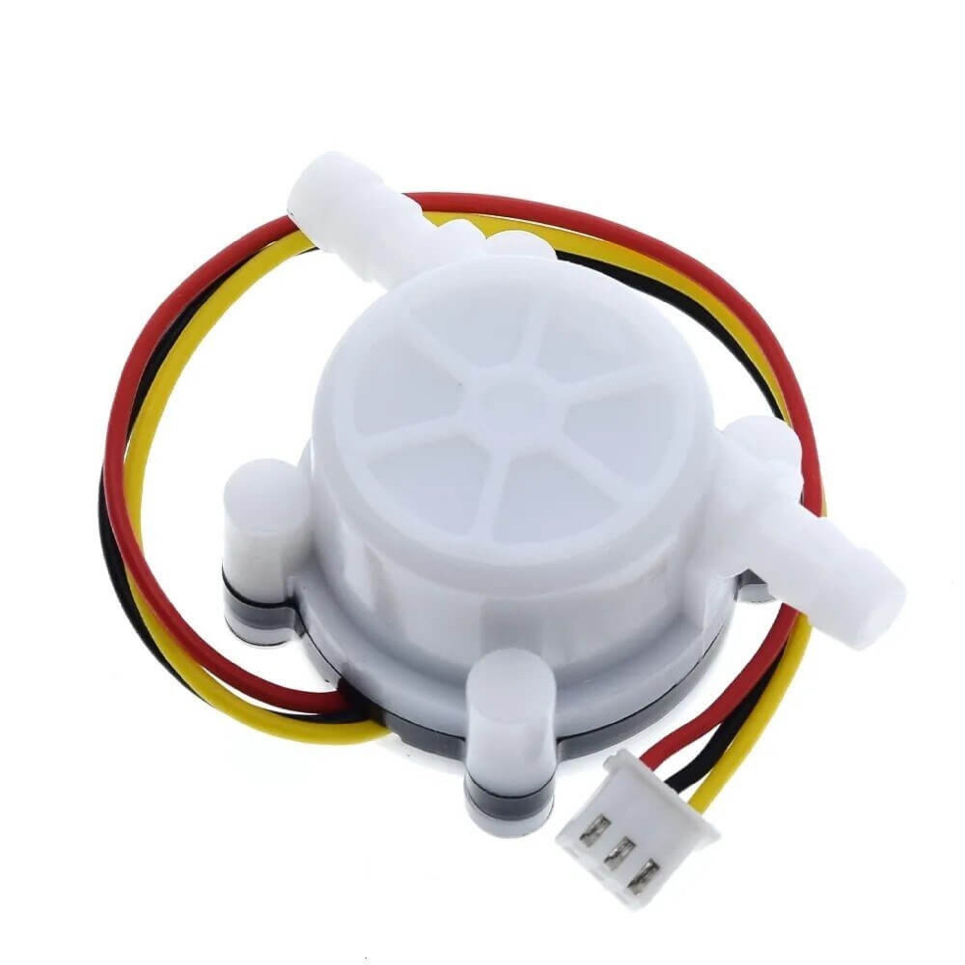 YF-S401 water flow sensor showcasing the Red, Yellow, and Black 3-pin connector.