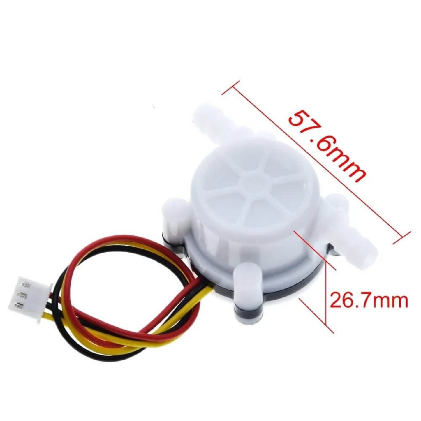 YF-S401 water flow sensor dimensions showing 57.6mm width and 26.7mm height.