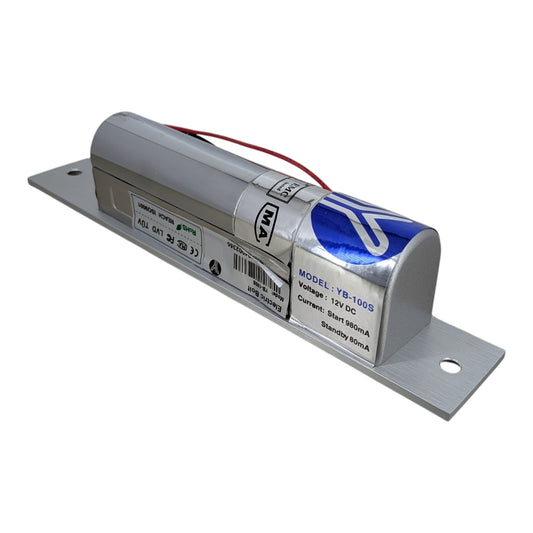 YLI YB-100S Fail-Safe 電插鎖 (12V DC)。門禁系統專用主機及規格標籤特寫。