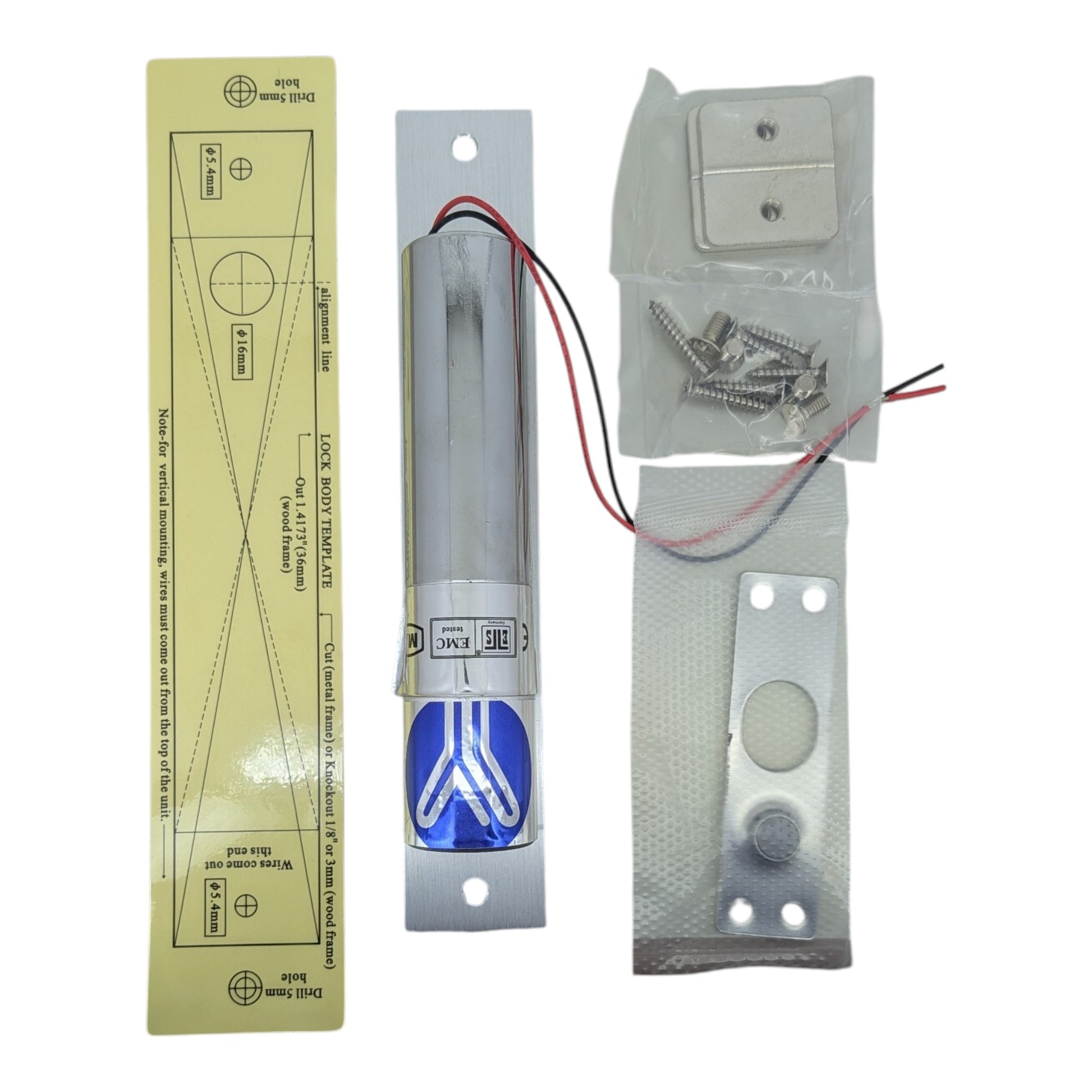 YLI YB-100S 電插鎖完整安裝配件：主機、安裝紙位及螺絲。網店落單支援到店取貨。