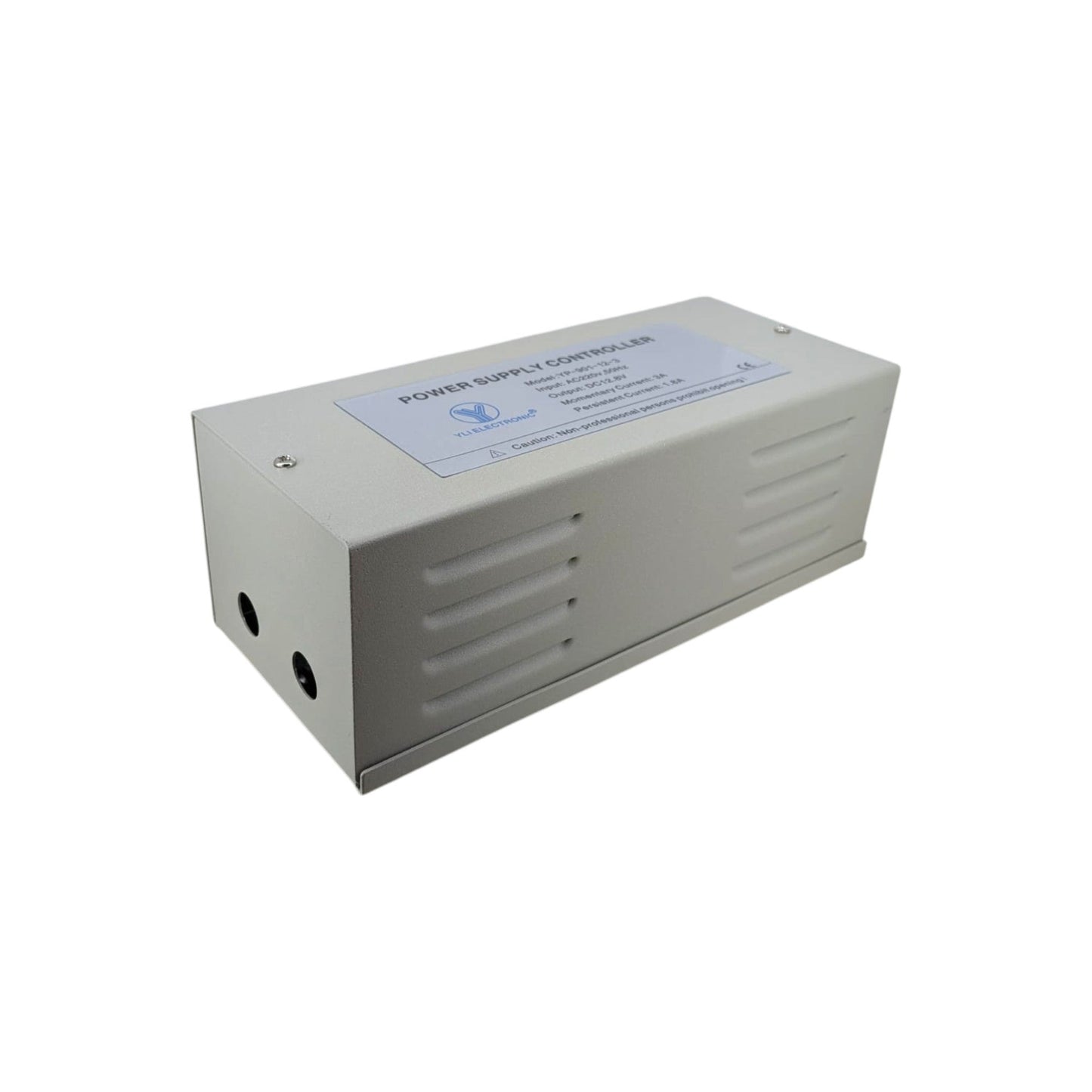 A white metal power supply enclosure with a blue and white label on top, photographed on a plain white background.