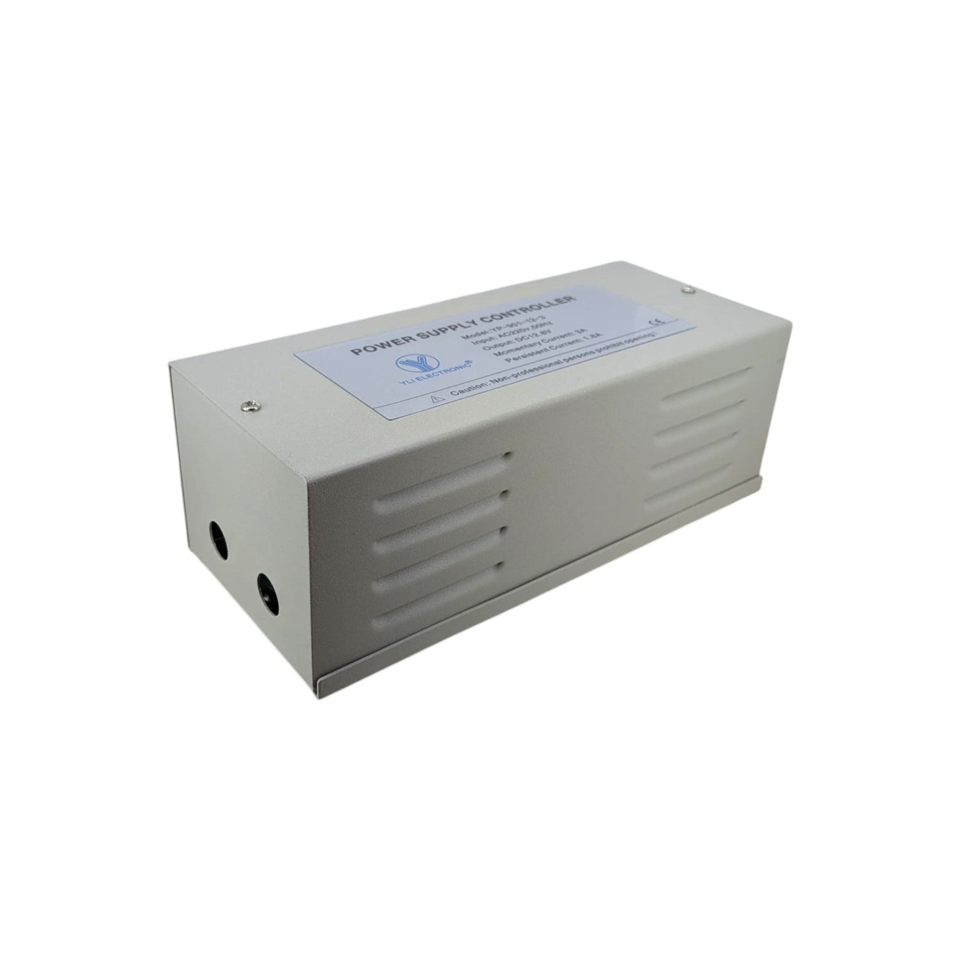 A white metal power supply enclosure with a blue and white label on top, photographed on a plain white background.