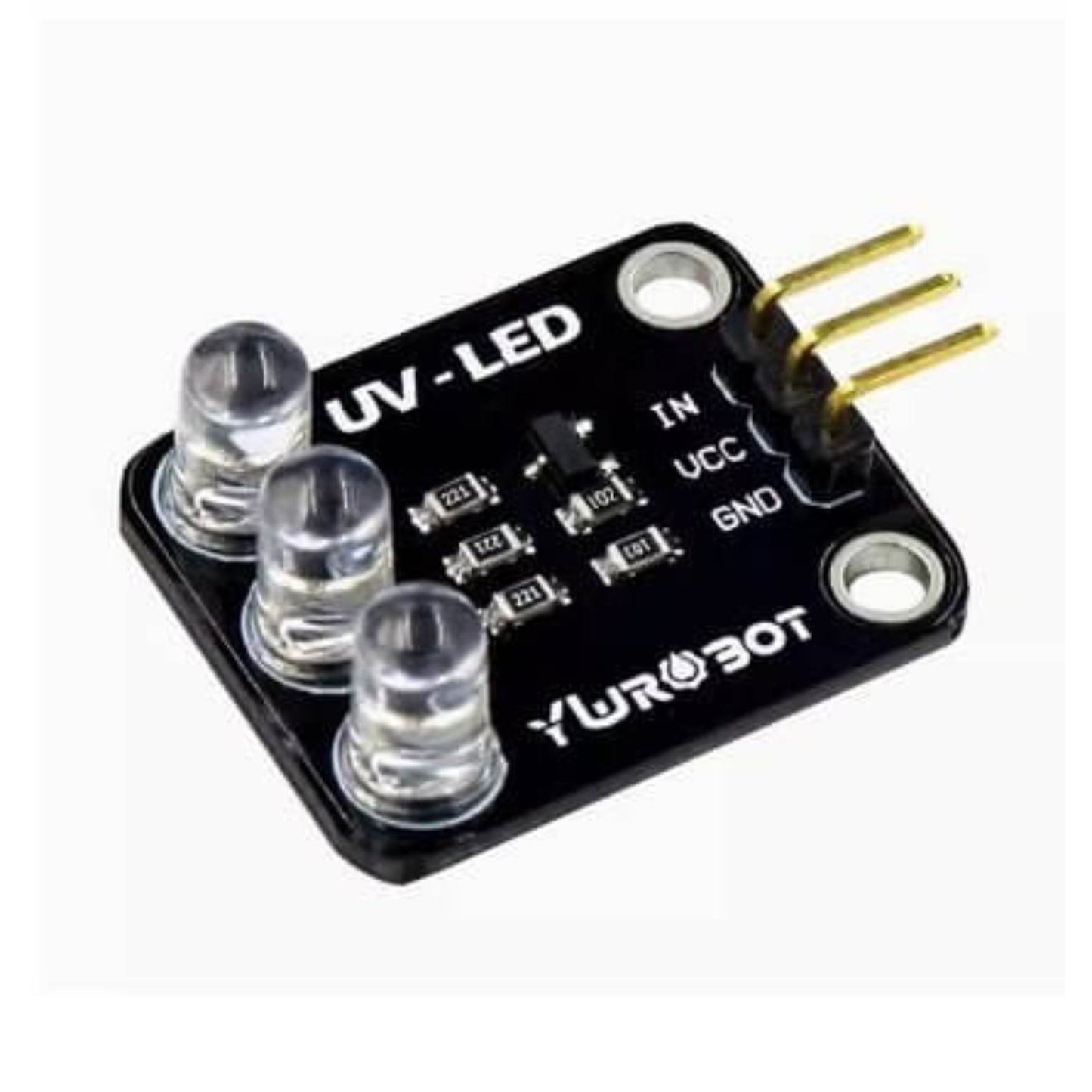 Close-up of YURobot UV LED Module on black PCB, 3 UV LEDs, compatible with Arduino for scientific projects.