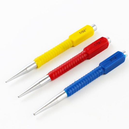 YUTE 3-piece color-coded nail punch set featuring yellow, red, and blue anti-slip grips.