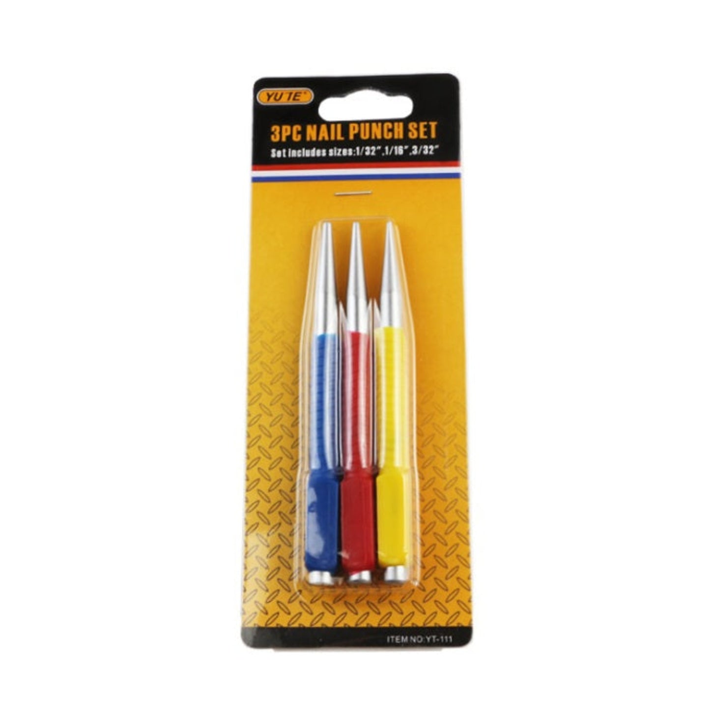 YT-111 nail punch set in its original protective slide blister packaging.