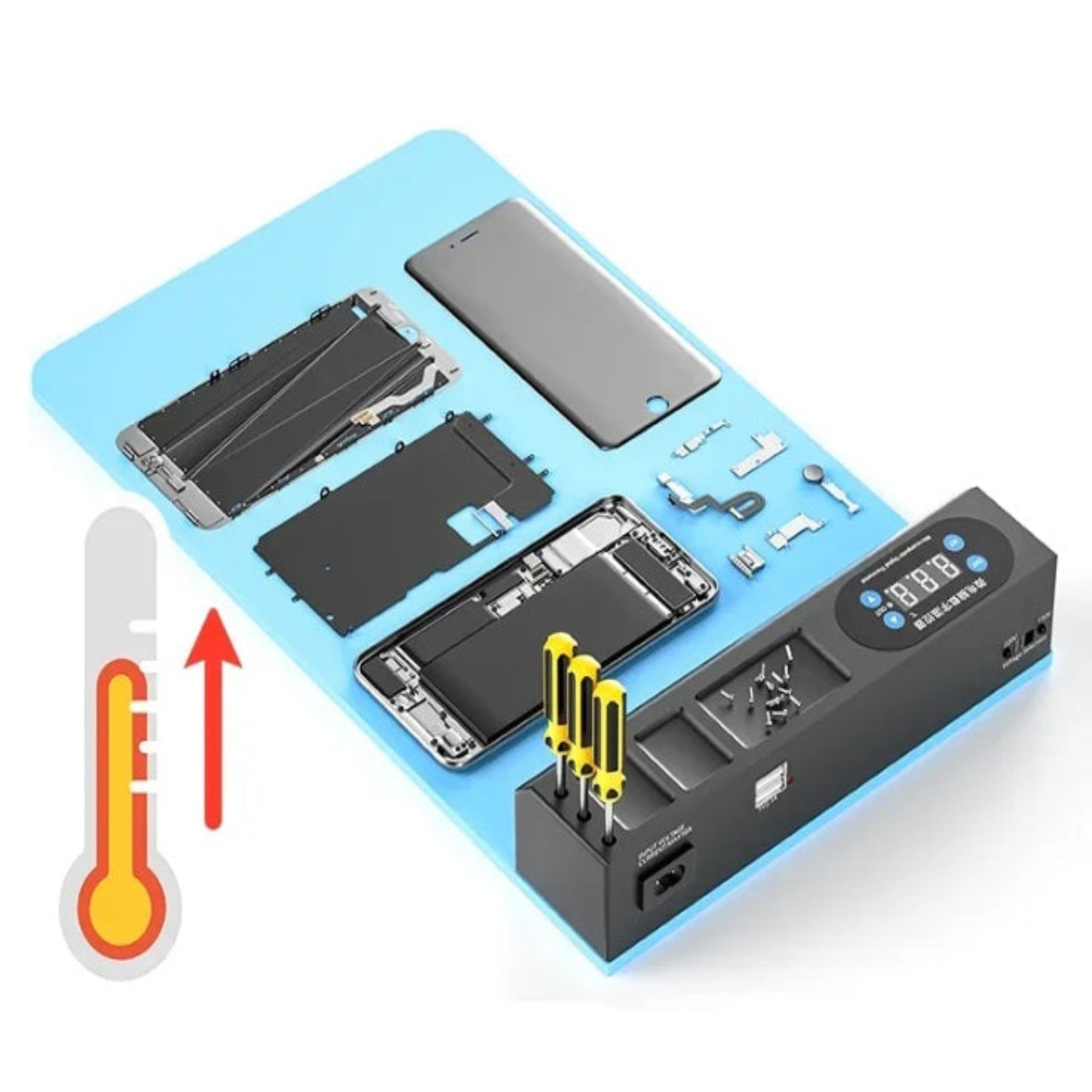 ZJ-1805 heating pad with disassembled phone components, illustrating the constant heat function for screen repair.