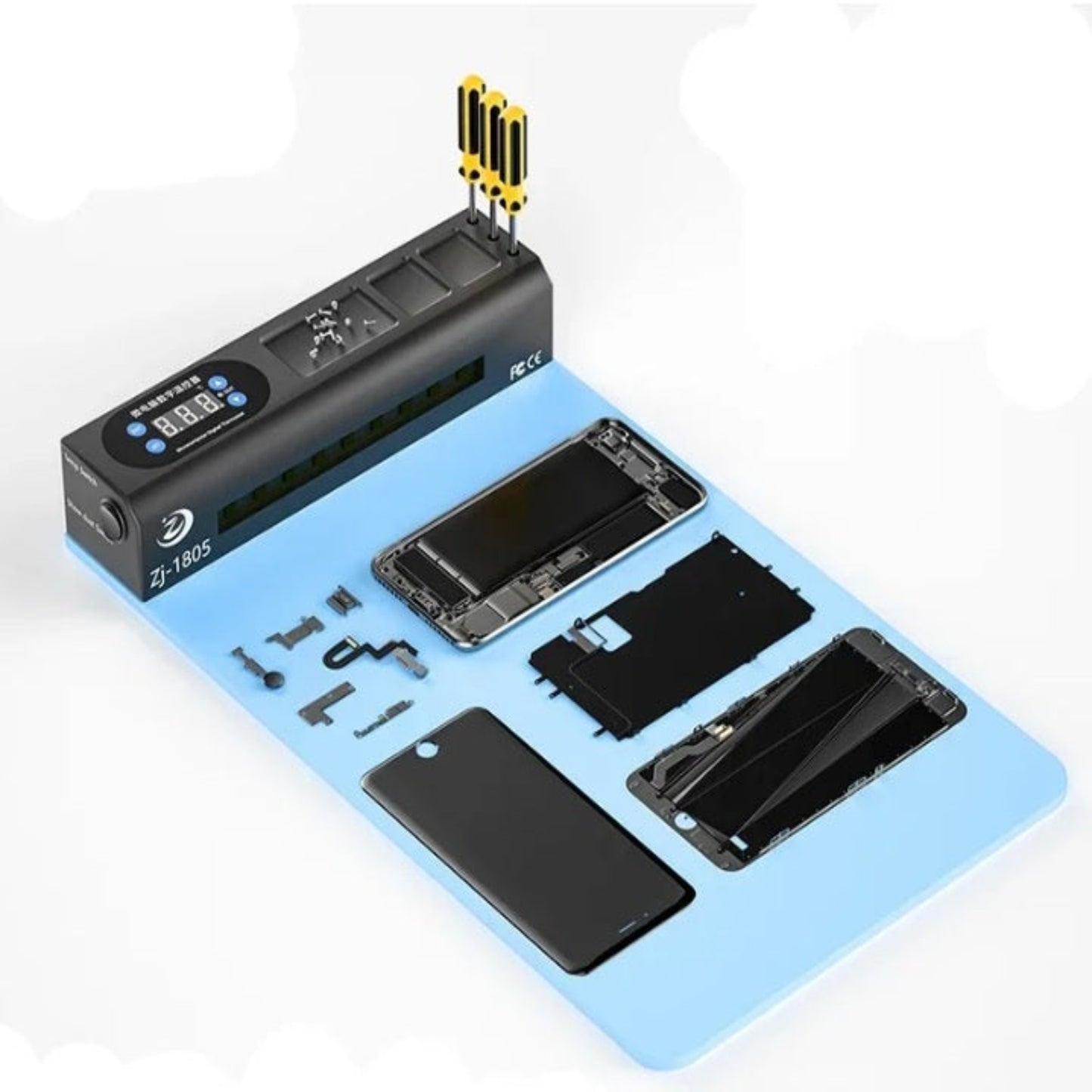 Overview of the ZJ-1805 repair workstation with a blue heating mat, screwdriver holders, and disassembled phone parts.