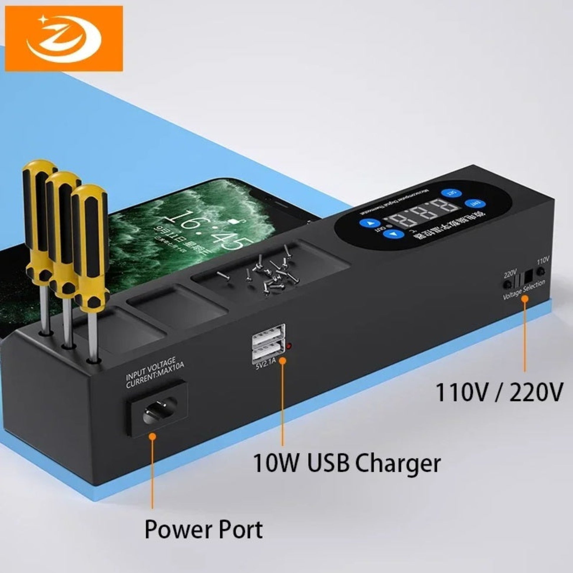 Back view of the ZJ-1805 station showing the power port, 10W USB charger, and 110V/220V voltage selection switch.