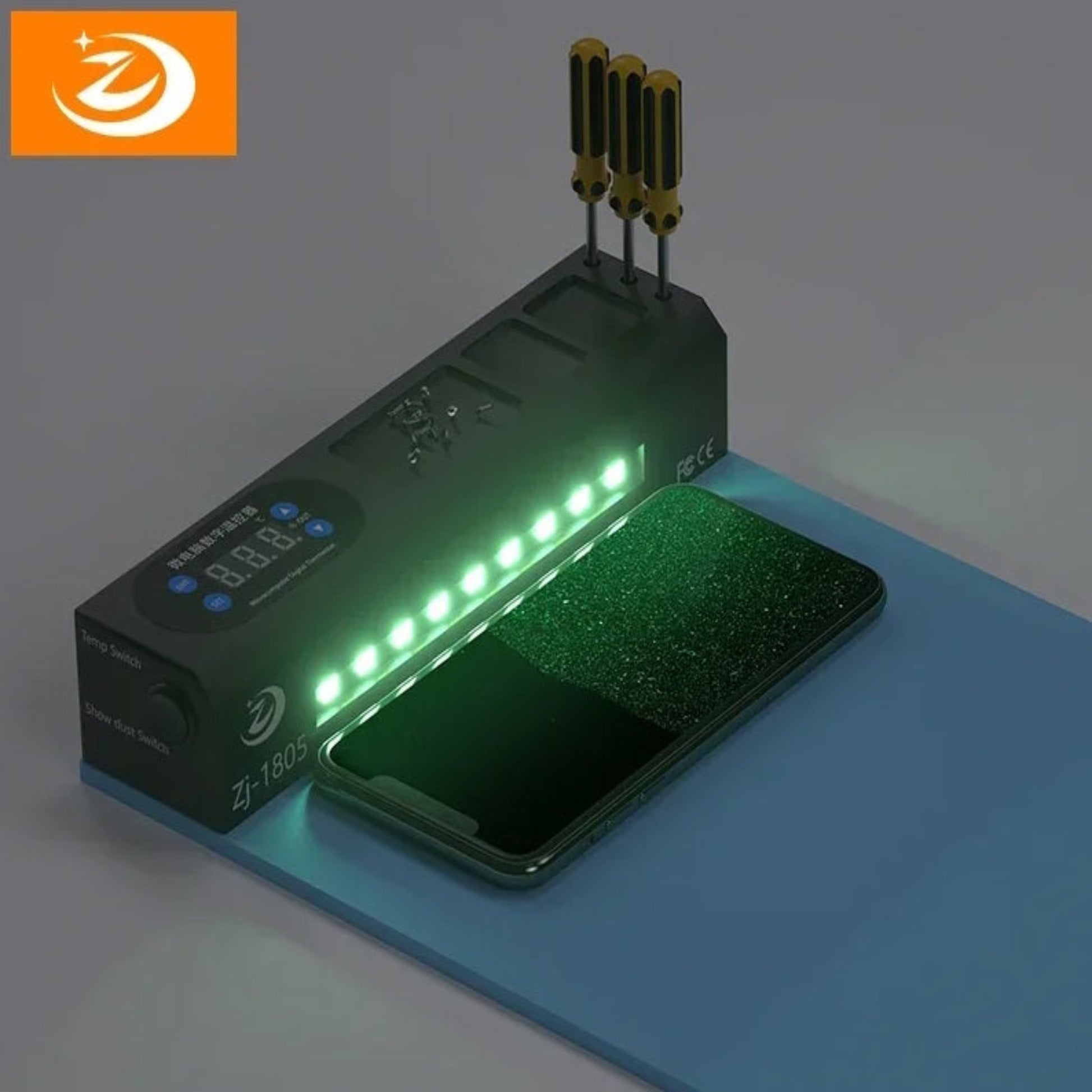 Close-up of the ZJ-1805 workstation's green LED dust indicator light illuminating a phone screen for particles.