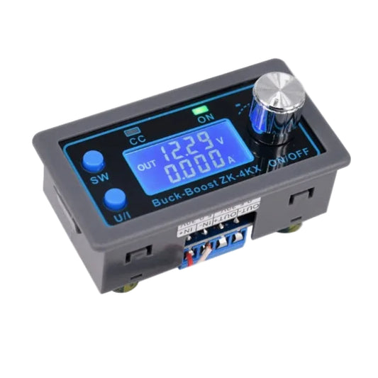 ZK-4KX adjustable DC-DC buck boost converter module with LCD display and rotary knob.