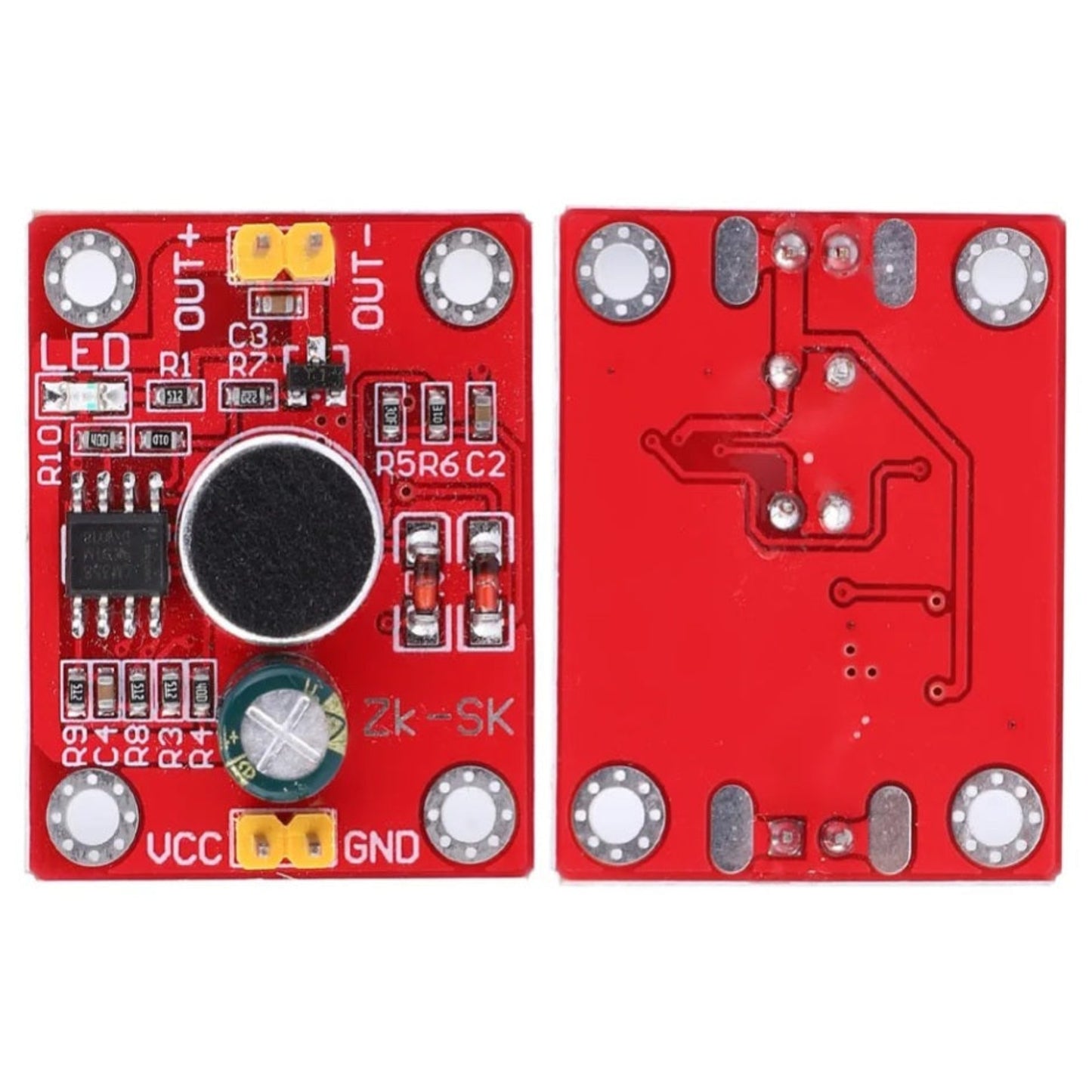 Top-down and bottom view of the ZK-SK sound-activated switch module, detailing the circuit board and components.