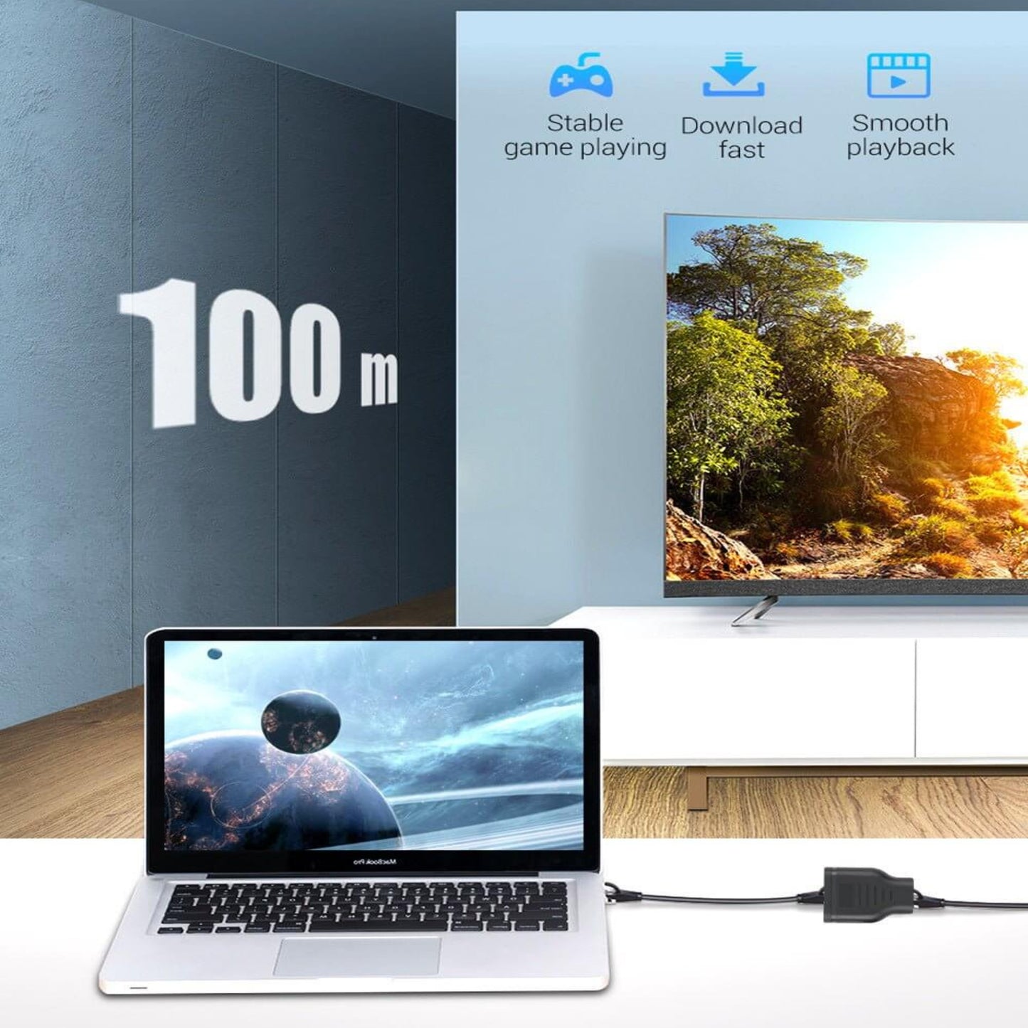 Performance graphic highlighting 100Mbps stable transmission and 100m distance support for lag-free gaming and streaming.