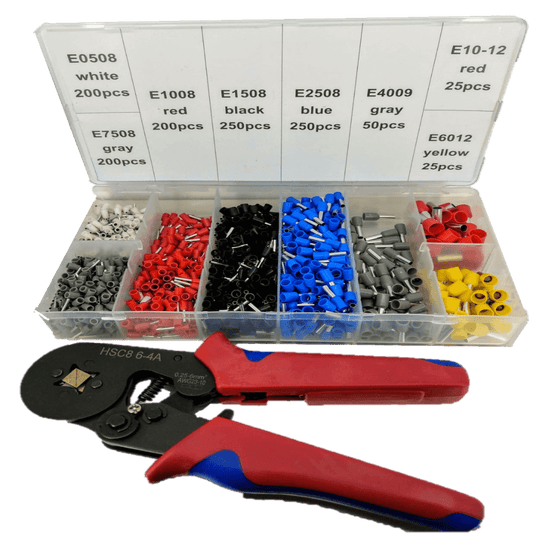 1200pc wire ferrule kit with assorted insulated and non-insulated connectors and crimper tool for electrical work