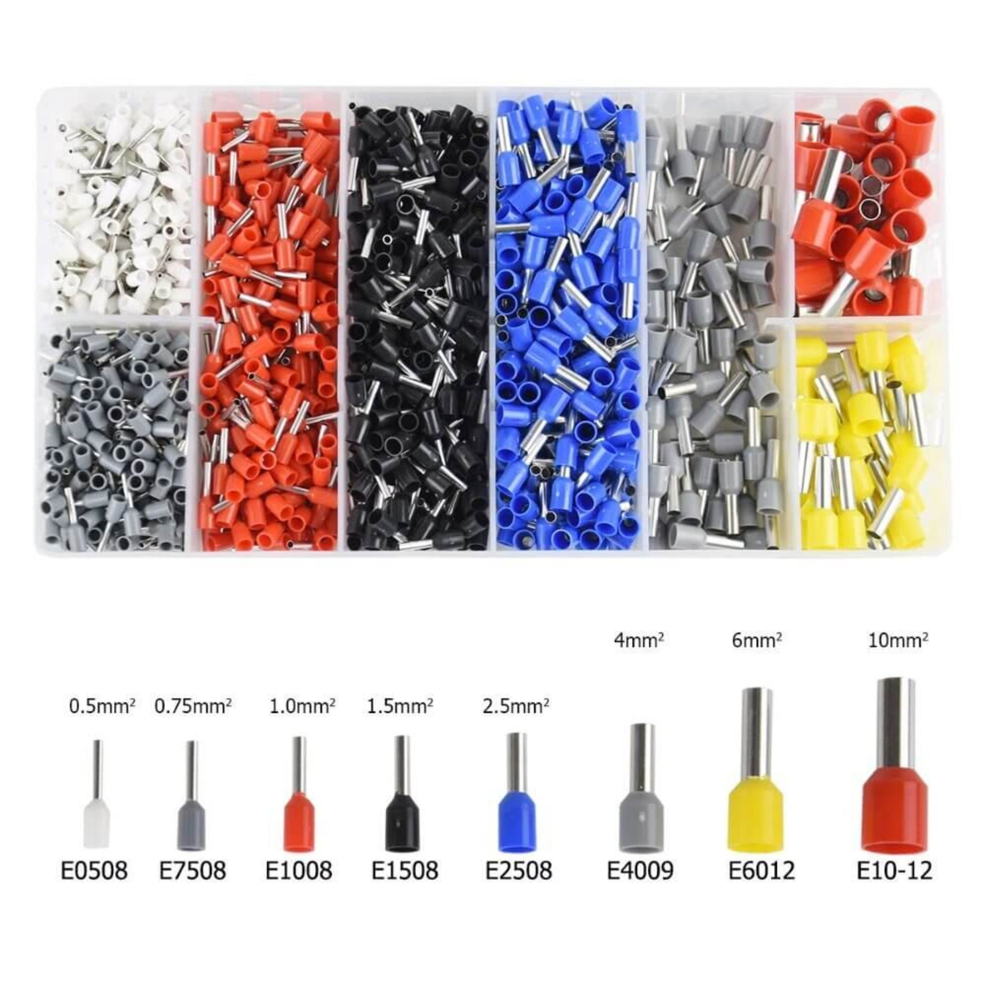 An open organizer box showing a complete 1200-piece assortment of color-coded wire ferrules, with size examples from 0.5mm² to 10mm².