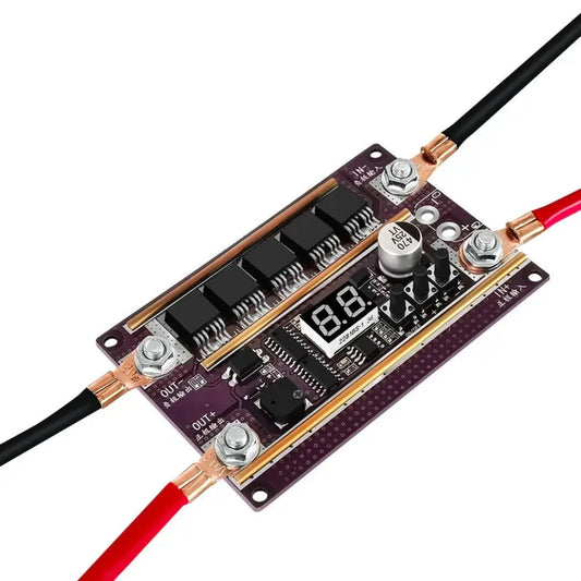 Close-up of a 12V spot welder power control board with adjustable output settings and digital display.