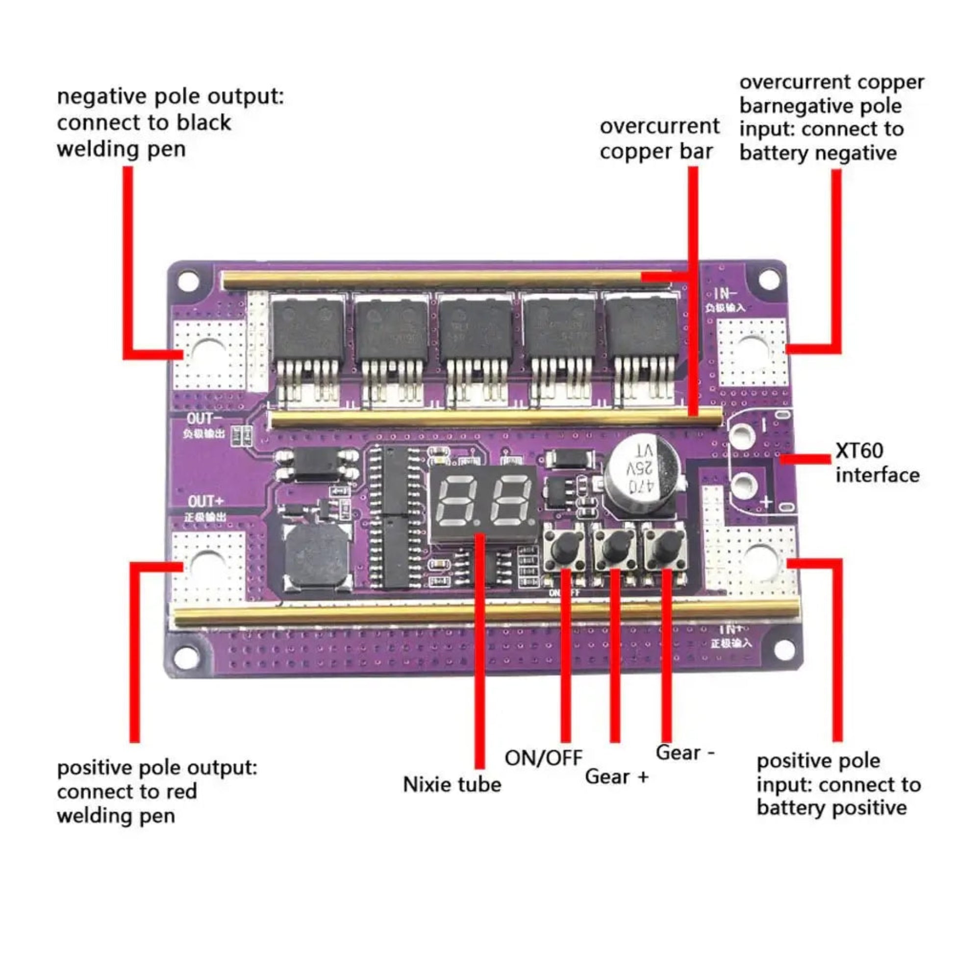 12V spot welder control board with wiring instructions for positive and negative pole connections.