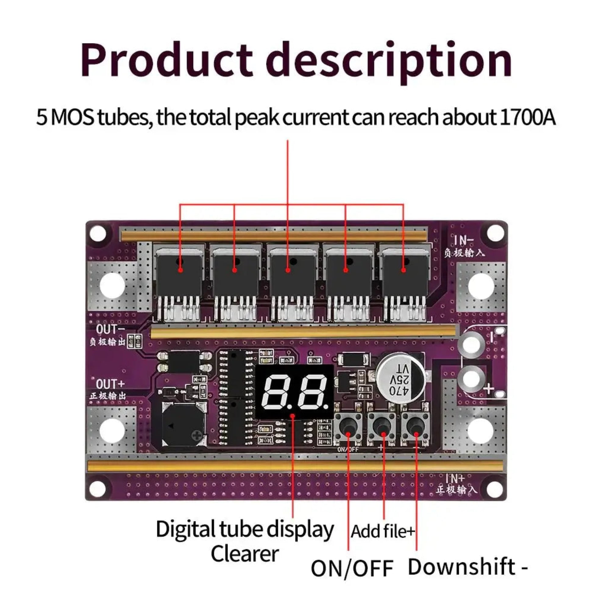 12V Spot Welder DIY Kit control board with 5 MOS tubes, digital display, adjustable power settings, peak current 1700A.