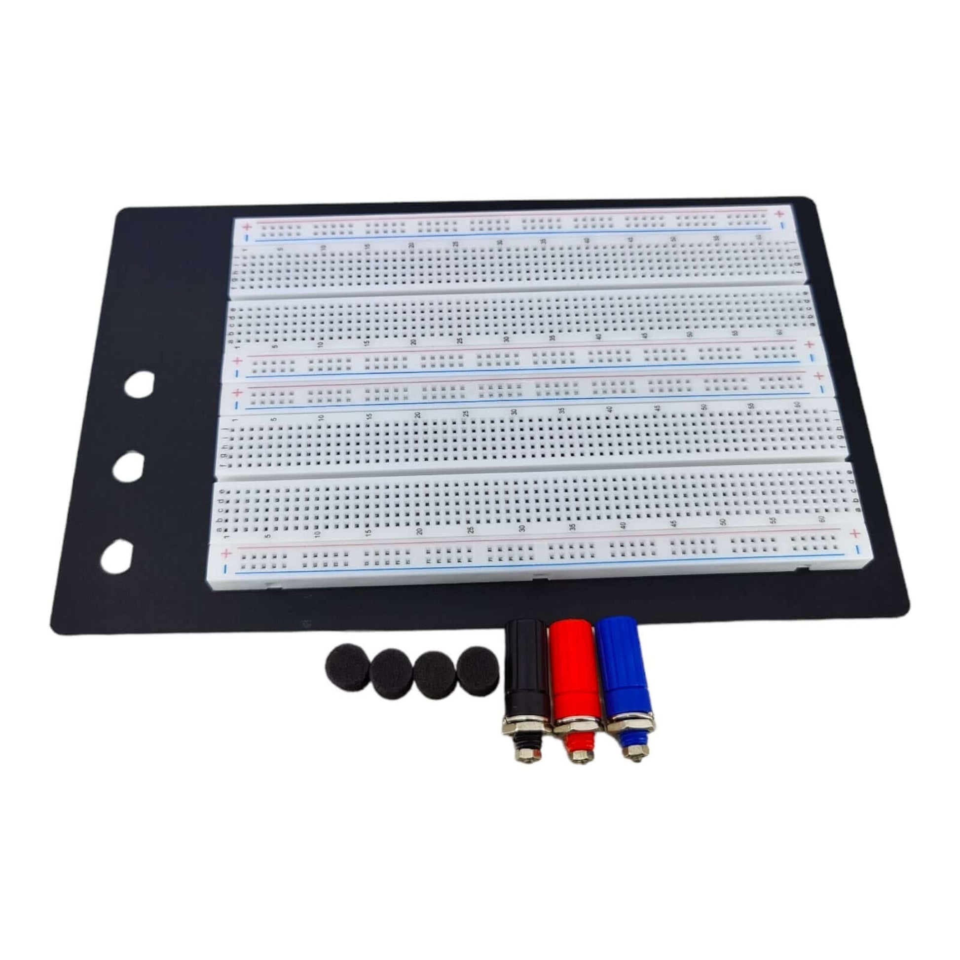 SYB-1660 1660-point breadboard on an aluminum back plate with four colored binding posts.