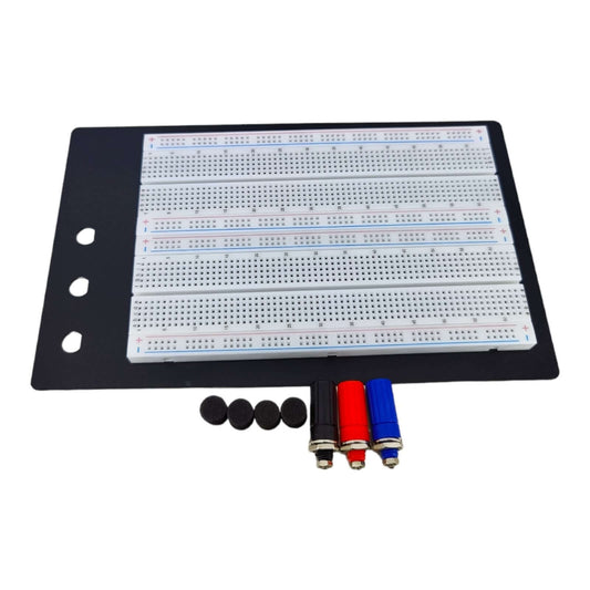 SYB-1660 1660-point breadboard on an aluminum back plate with four colored binding posts.