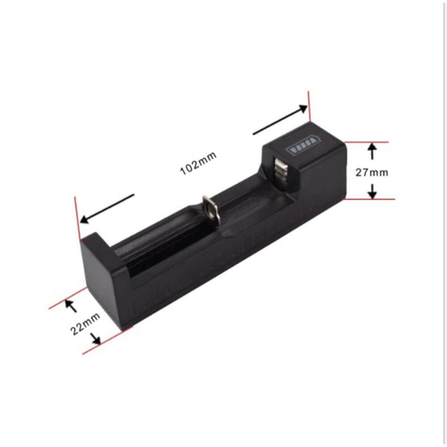 18650 USB Charger with LED indicator, measuring 102mm x 22mm x 27mm, designed for rechargeable Li-ion batteries.