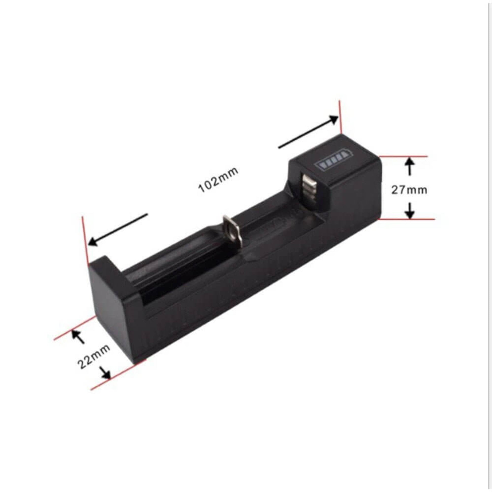 18650 USB Charger with LED indicator, measuring 102mm x 22mm x 27mm, designed for rechargeable Li-ion batteries.