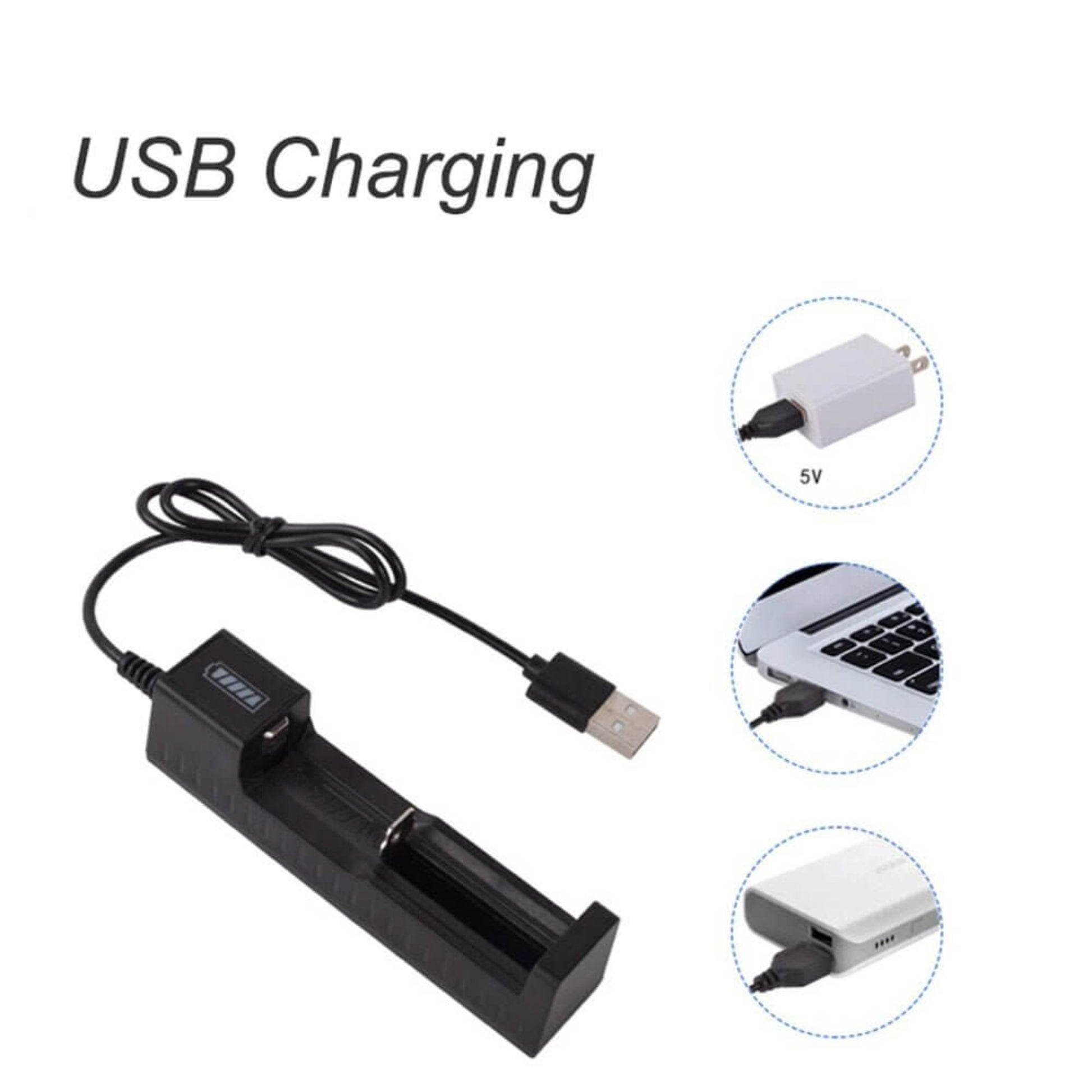 18650 USB battery charger with LED indicator, compatible with Li-ion rechargeable batteries, safe and portable.