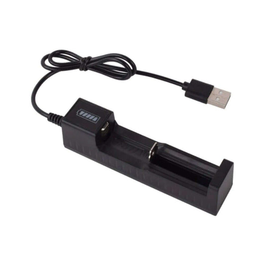18650 USB Charger with LED indicator and USB cable for rechargeable lithium batteries, compact design.