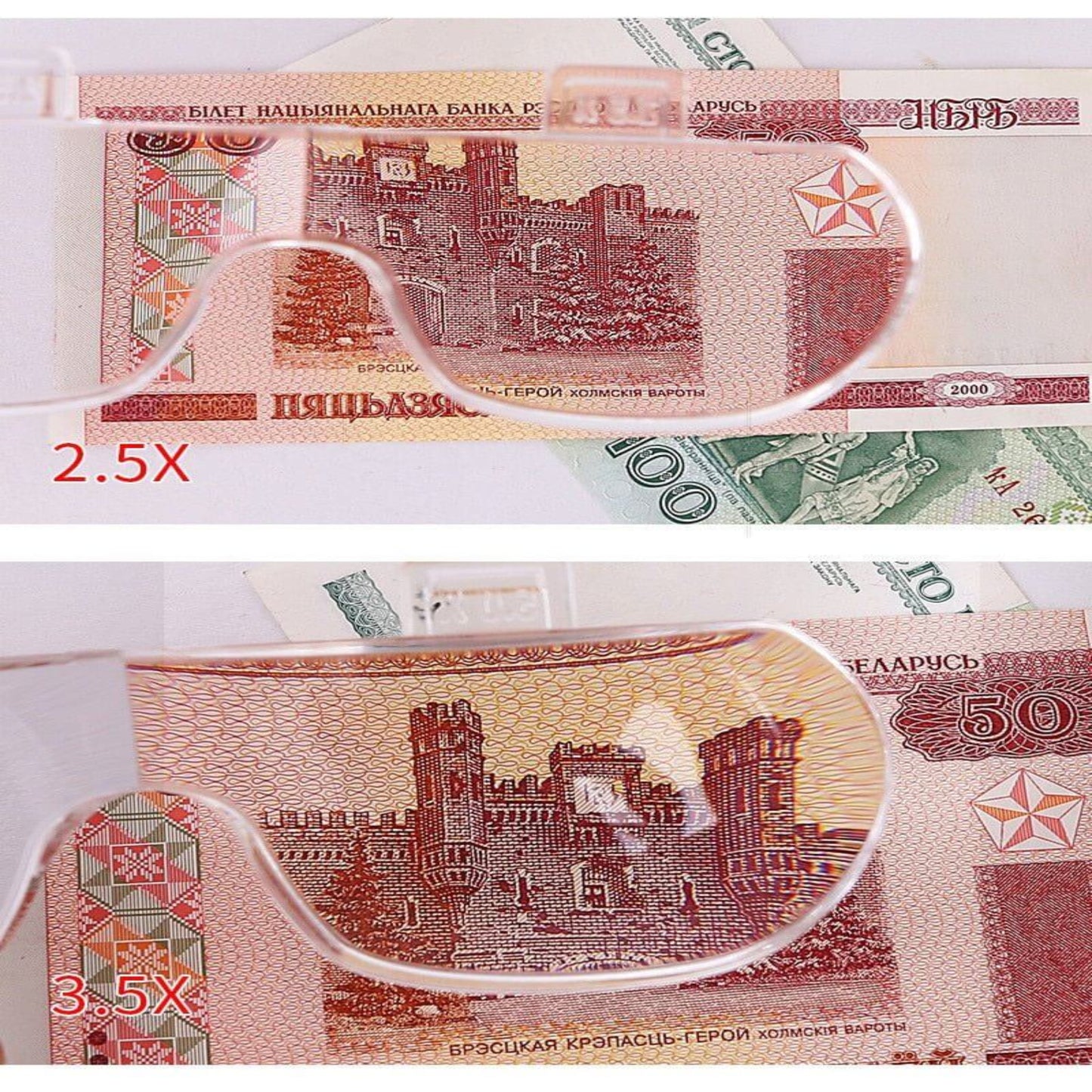 LED rechargeable magnifying glasses showing 2.5X and 3.5X magnification over currency notes.