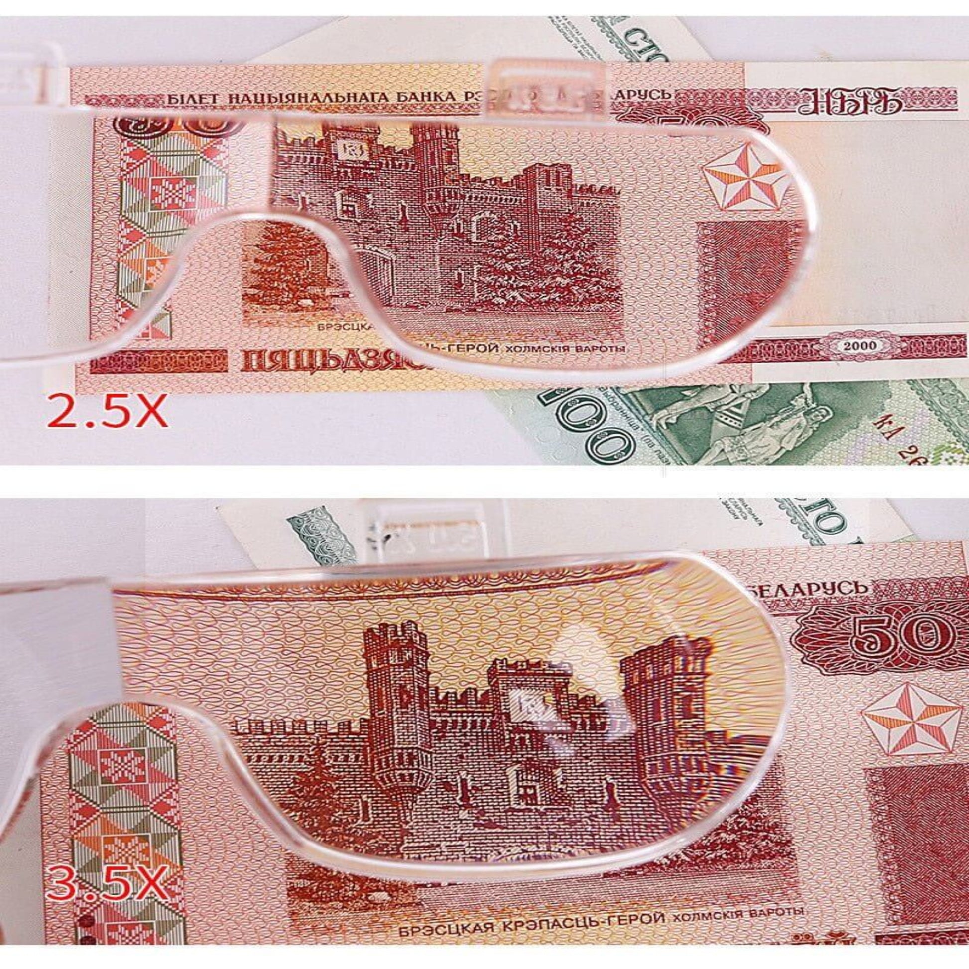 LED rechargeable magnifying glasses showing 2.5X and 3.5X magnification over currency notes.