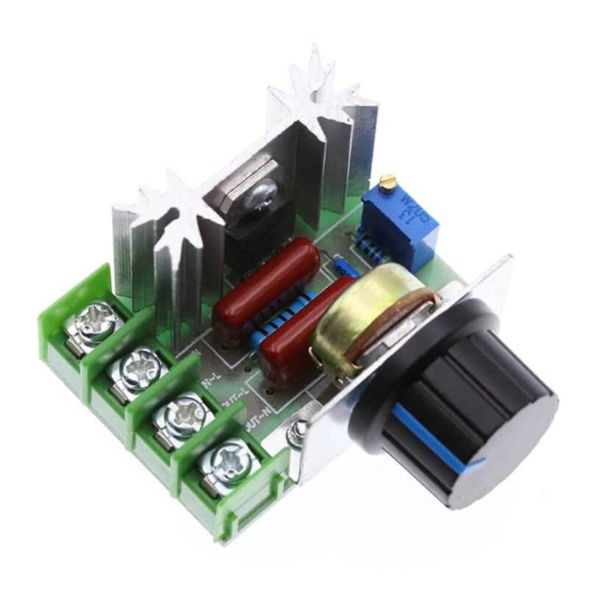 Front view of the 2000W AC voltage regulator showing the large rotary dial and aluminum heat sink.