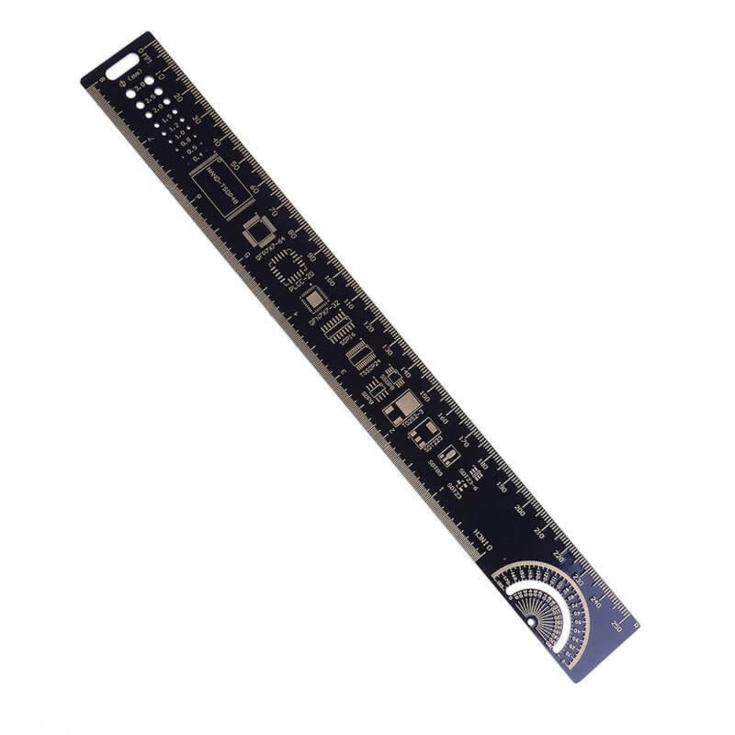25cm PCB ruler measuring tool with angle gauges and IC pin spacing for electronic design and measurement.