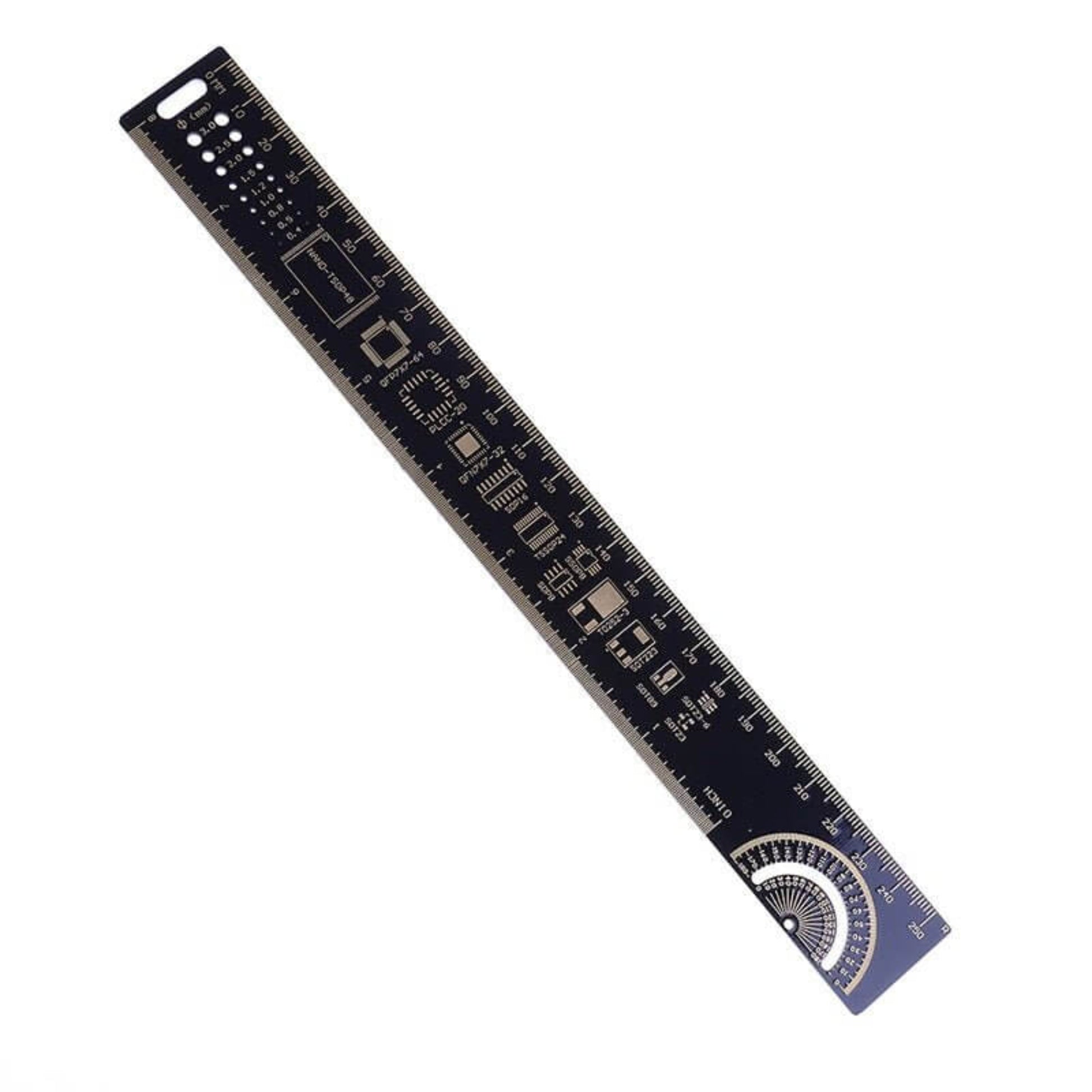25cm PCB ruler measuring tool with angle gauges and IC pin spacing for electronic design and measurement.