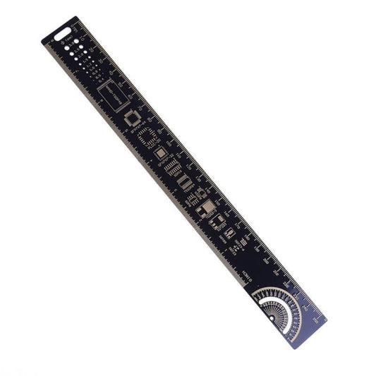 25cm PCB ruler measuring tool with angle gauges and IC pin spacing for electronic design and measurement.