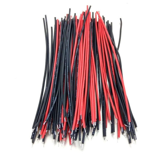 100pcs electric copper wire bundle featuring 50 red and 50 black 26 AWG wires, each 10cm long.