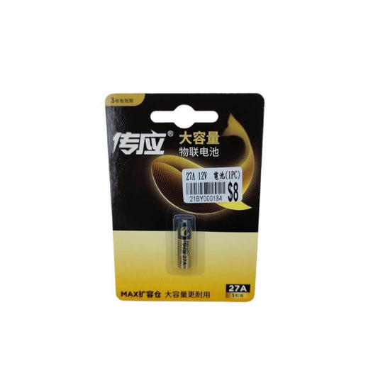 27A 12V alkaline battery packaging for remote controls, door bells, and LED lights.