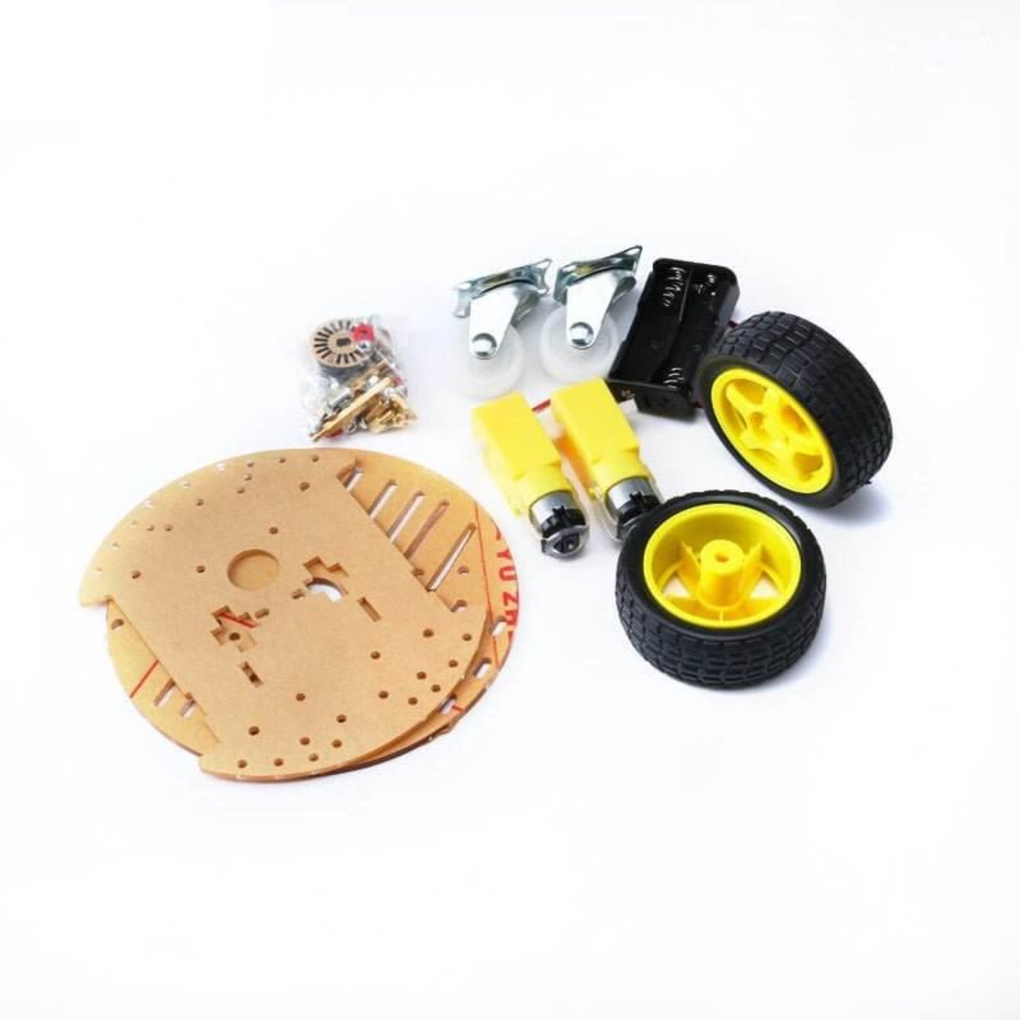 Components of 2WD Circular Smart Car DIY Kit: acrylic chassis, TT motors, wheels, battery box, and fasteners.